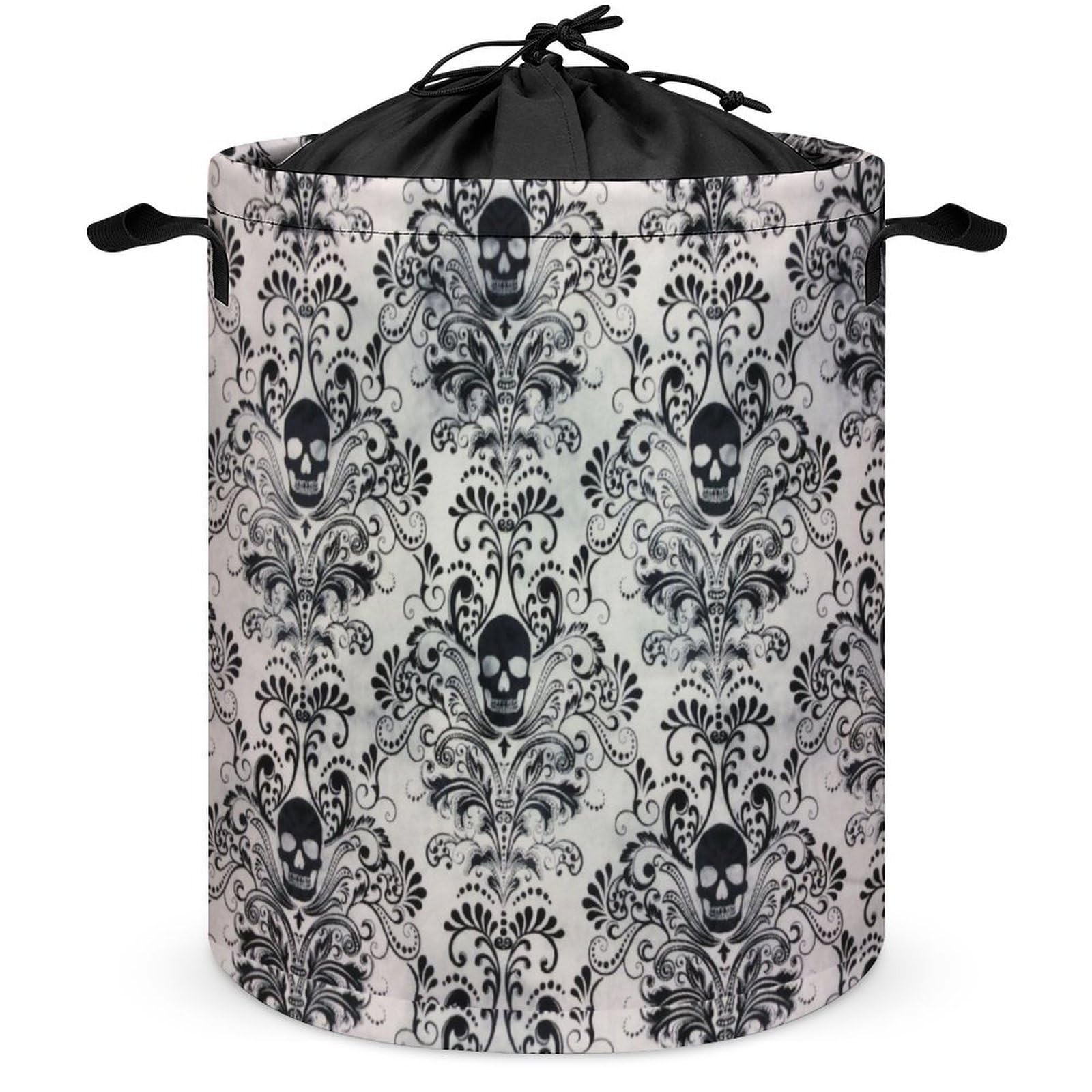 Qjjinxior Drawstring Laundry Hamper, Gothic Skull Damask Scary Halloween Laundry Basket, Washing Basket with Handle
