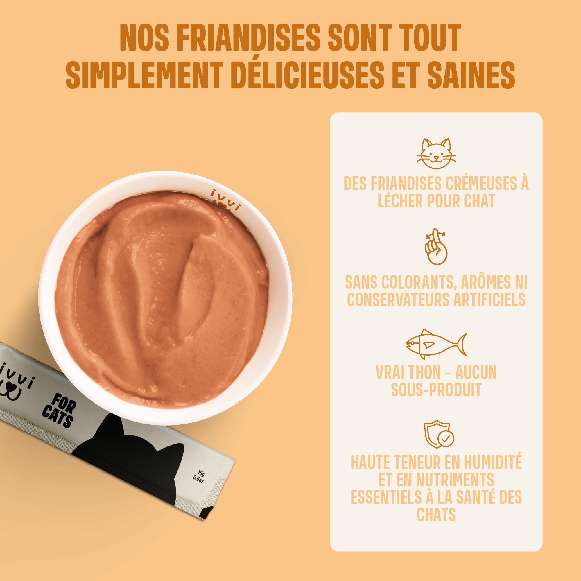 ivvi Peau & Pelage Essence pour Chats – Crème à Lécher avec Huile de Saumon, Huile d’Algue, Zinc & Collagène – Soutien Peau et Pelage – 30x15g – au Vrai Thon
