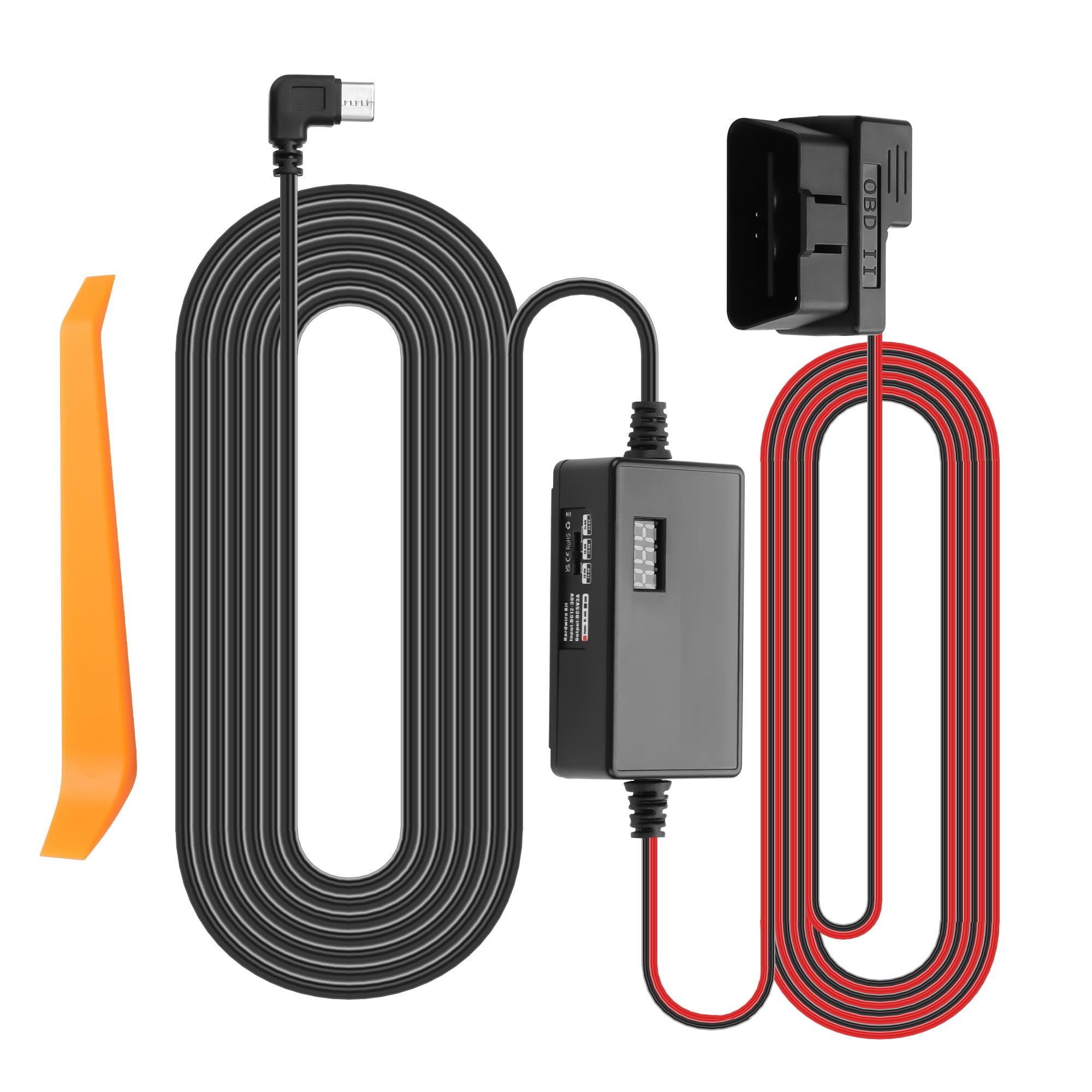 GINTOOYUN Zestaw przewodów OBD do USB-C z wyświetlaczem OBD 3-pinowy męski do 90 stopni USB-C męska wtyczka do kamery samochodowej redukcja napięcia zestaw przewodów kabel do ładowania (3,1 m)