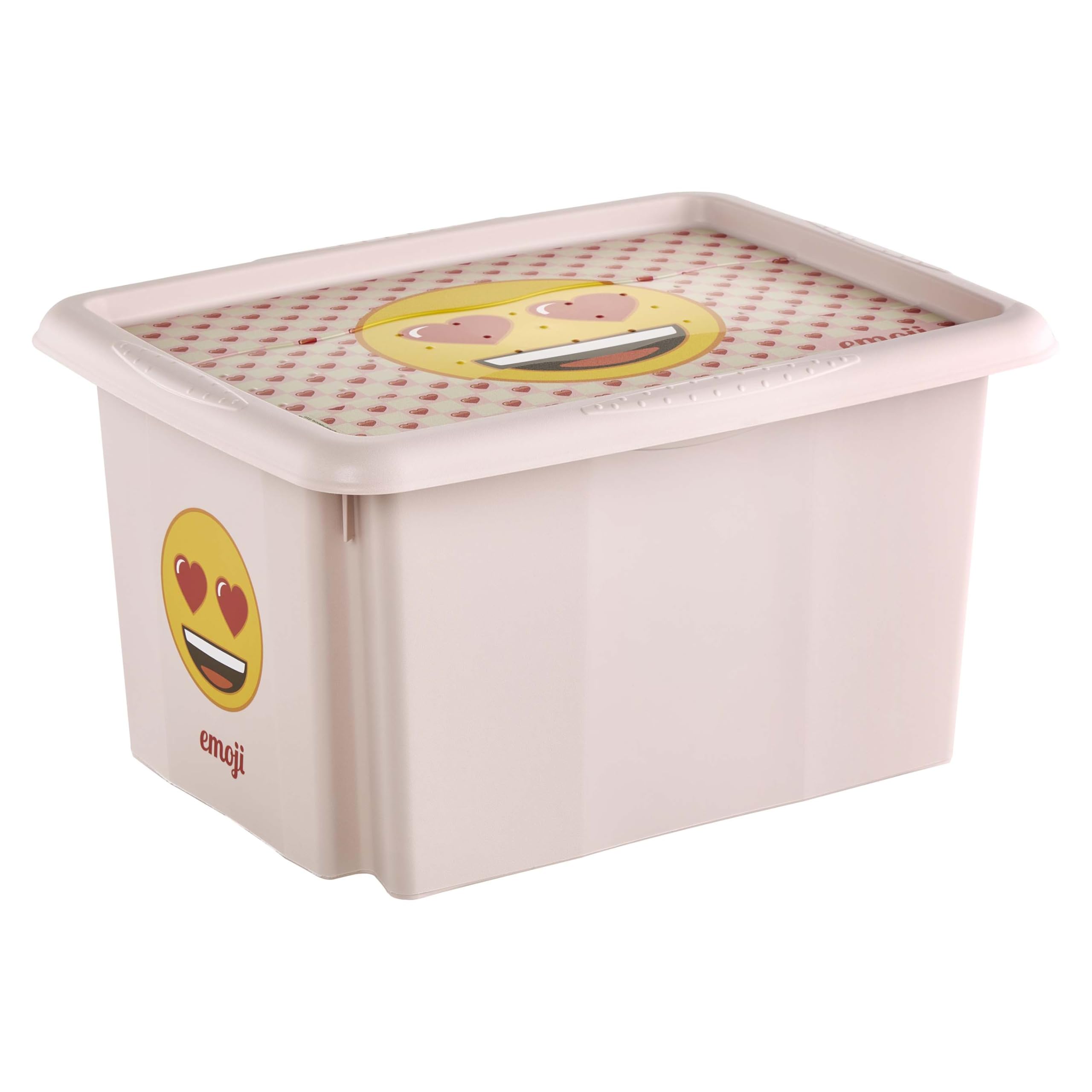 keeeper karolina storage box with lid, 15 l, nestable and stackable, Design: Emoji Hearts, For children, Pink (Nordic Pink)