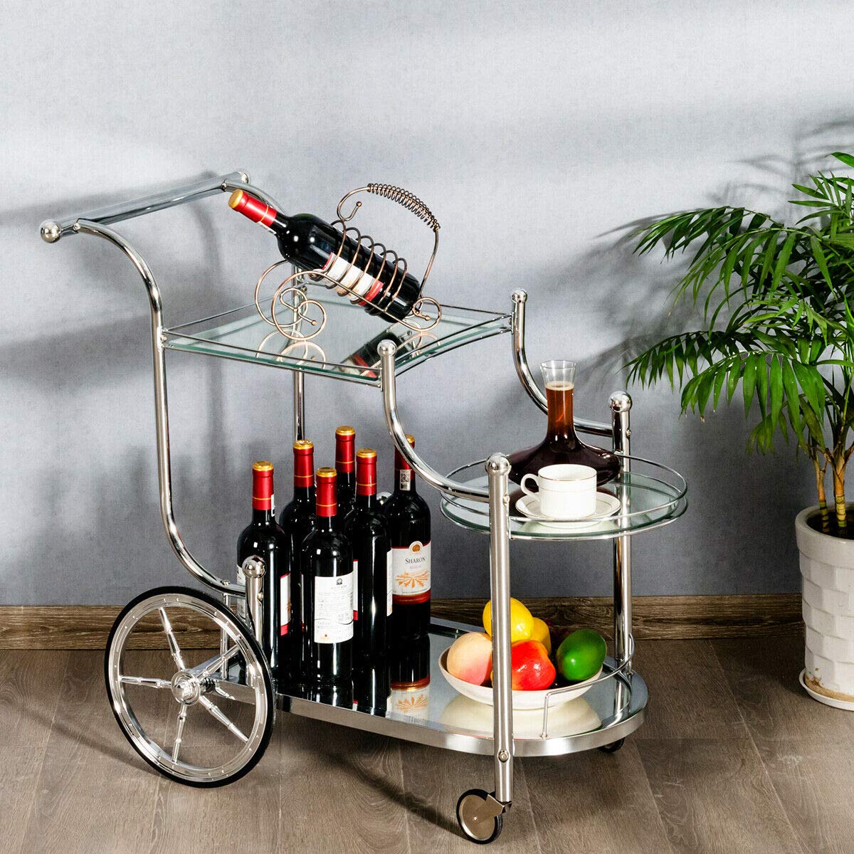 Tangkula Rolling Bar Cart, Metal Serving Cart with Tempered Glass, 3-Tier Glass Bar and Serving Cart, Tea Serving Bar Cart with 4 Wheels, Suitable for Restaurant, Hotel, Home (Silver)