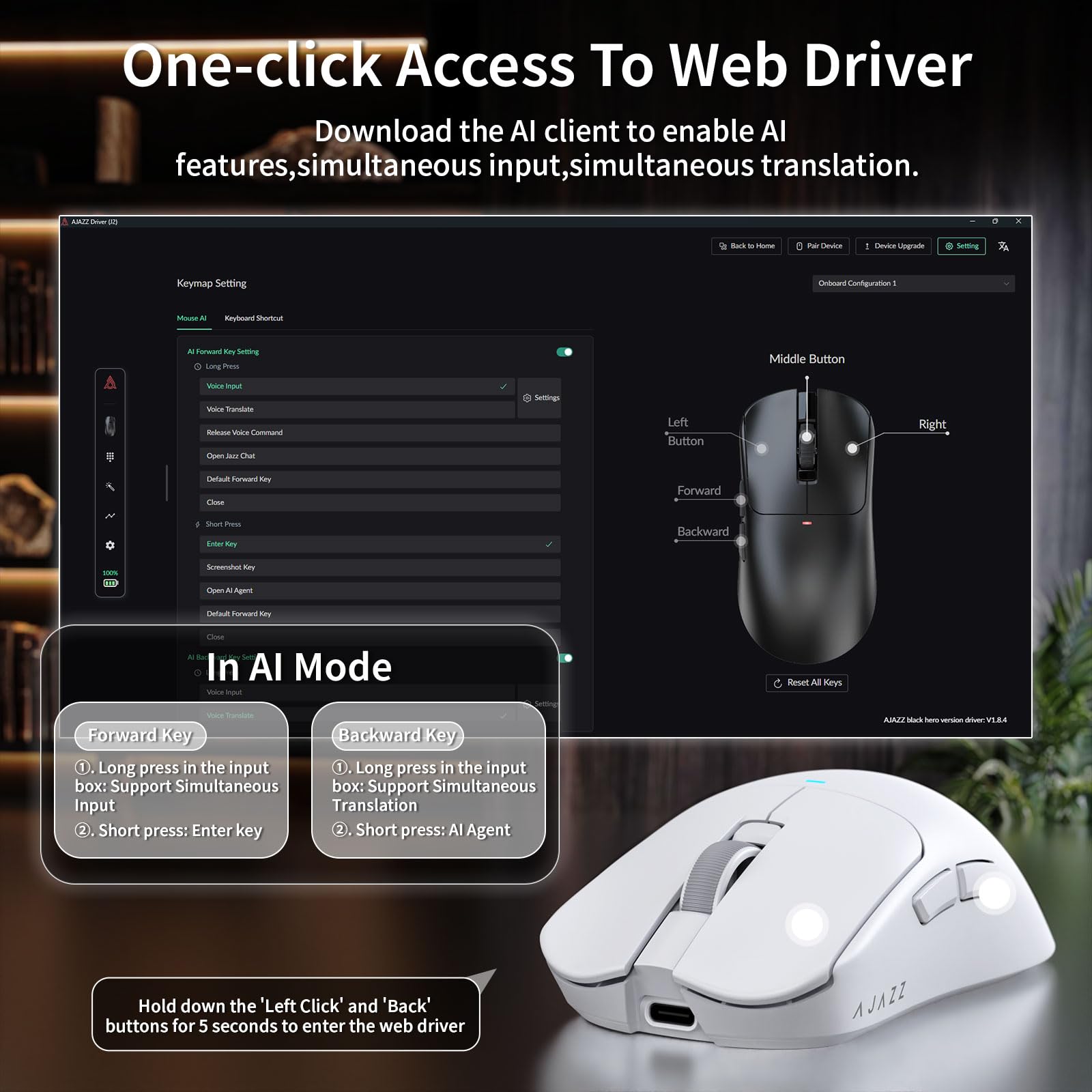 A.JAZZ AJ200P Mouse da Gioco Wireless con Prompt AI & Base di Ricarica RGB | Tri-Mode BT/2.4G/Cablato Leggero con Digitazione Vocale AI, Sensore PAW3311, 24K DPI, 1000Hz per Ufficio/Gaming - Bianco