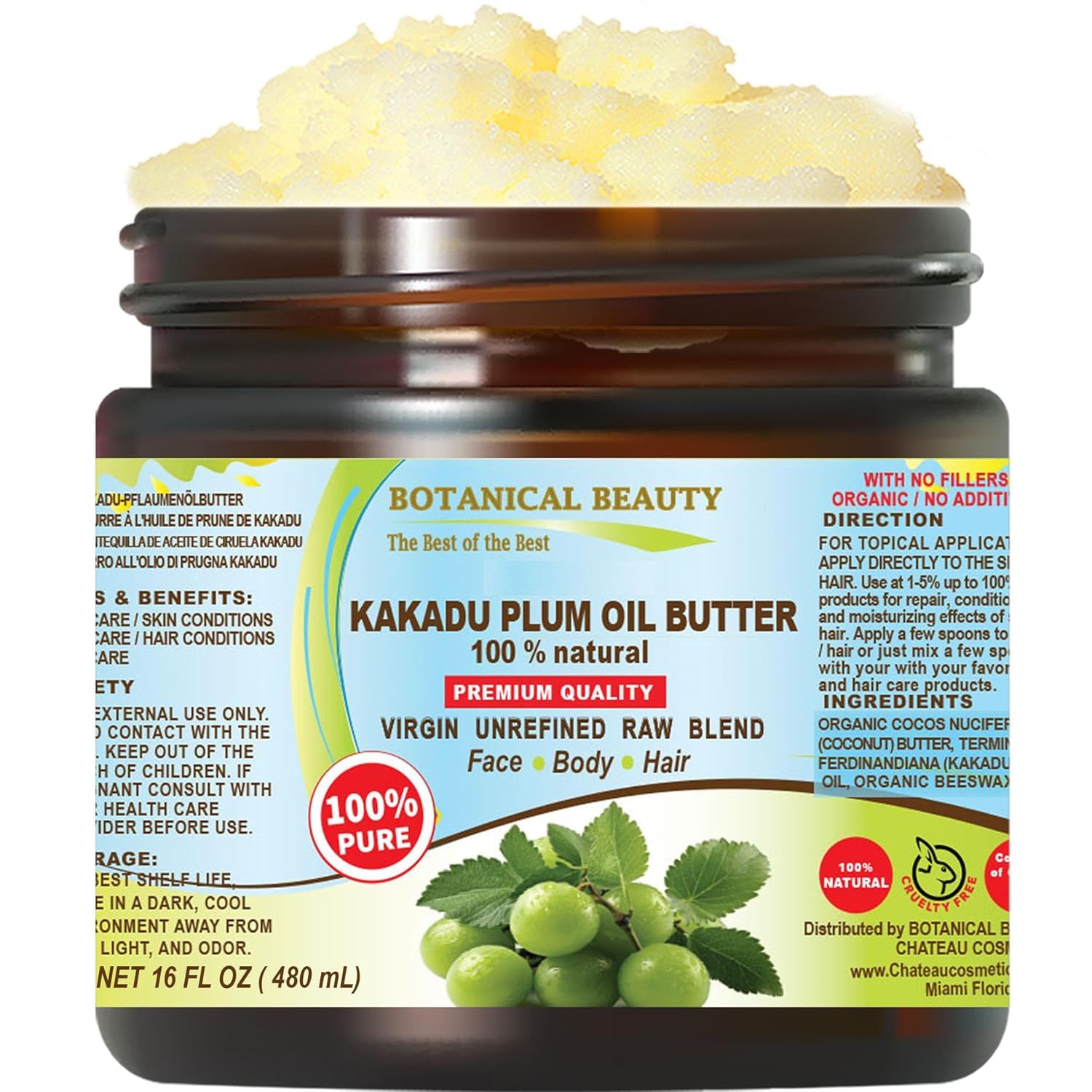 Botanical Beauty KAKADU PLUM OIL BUTTER Pure Natural Virgin Unrefined RAW for FACE, SKIN, BODY, DAMAGED HAIR, NAILS (16 Fl Oz)