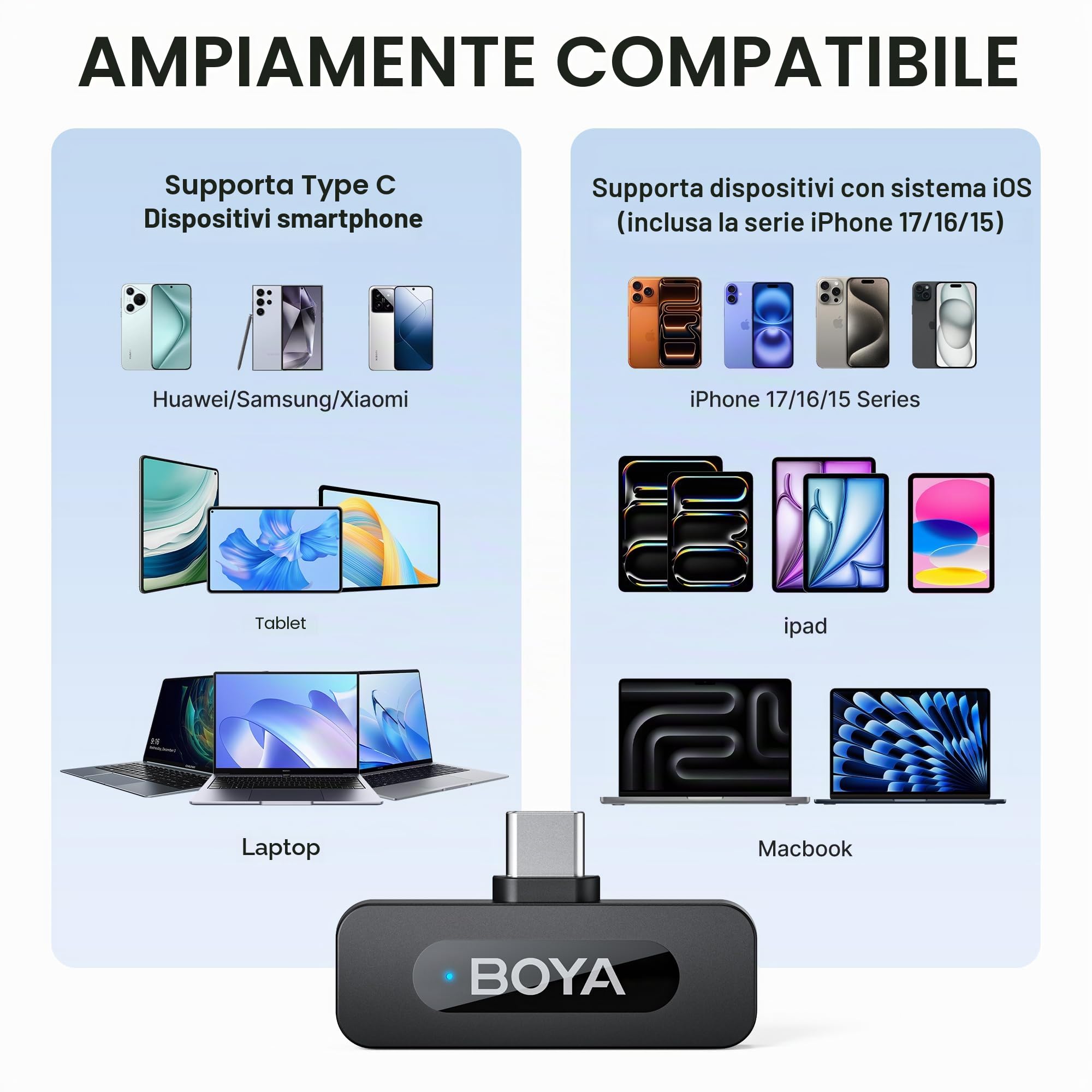 BOYA BY-V20 Microfono wireless per iPhone 15/16, Android, 48 KHz/16 bit, 9H, cancellazione del rumore, microfono usb-c, modalità silenziosa, microfono podcast clip a 360° per recording