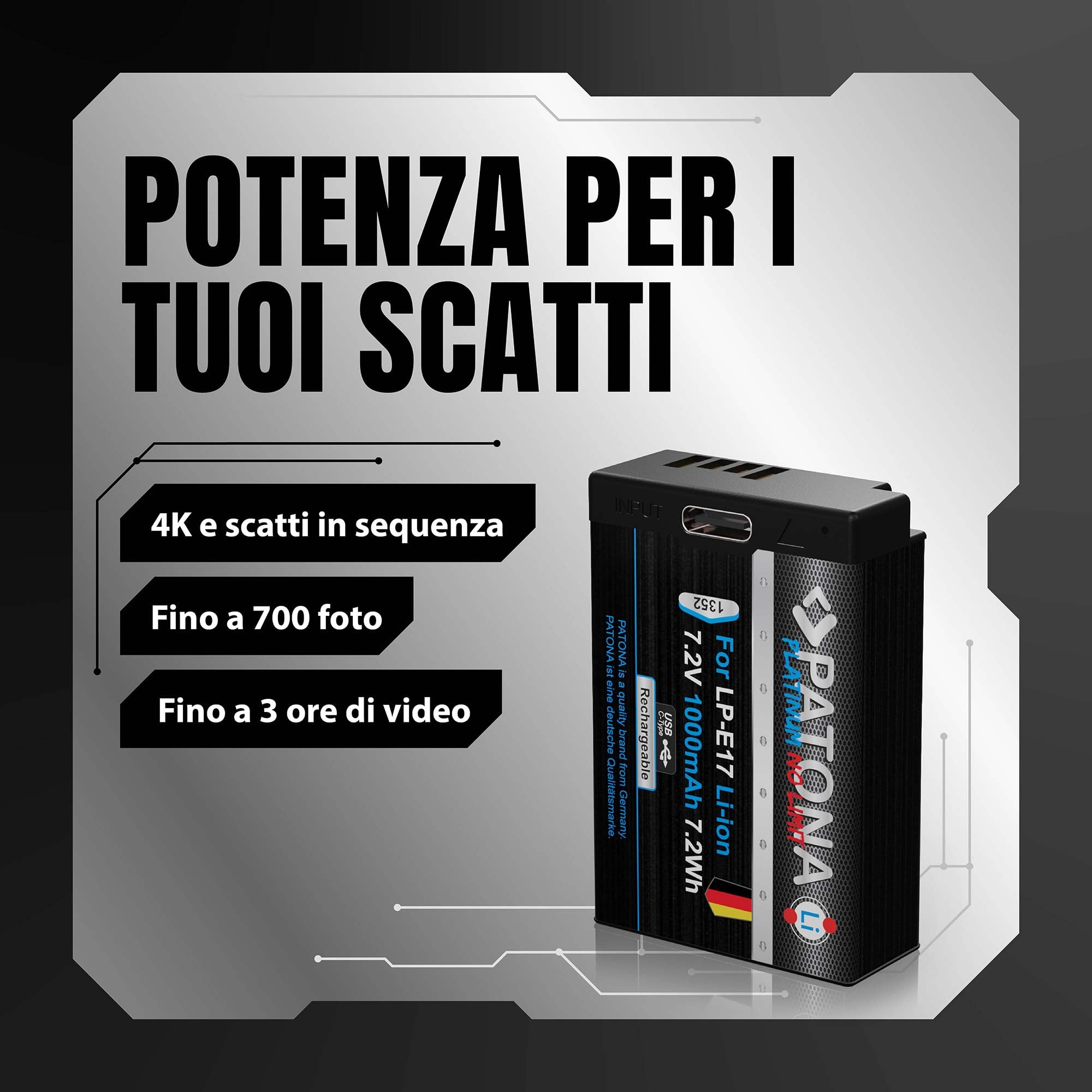 PATONA 2x Platinum Batteria LP-E17 (1000 mAh) con USB-C – per Canon EOS RP R10 R50 R100 77D 200D 250D 750D–800D M3 M5 M6 II – ricarica diretta nella batteria (parz. decodificata)