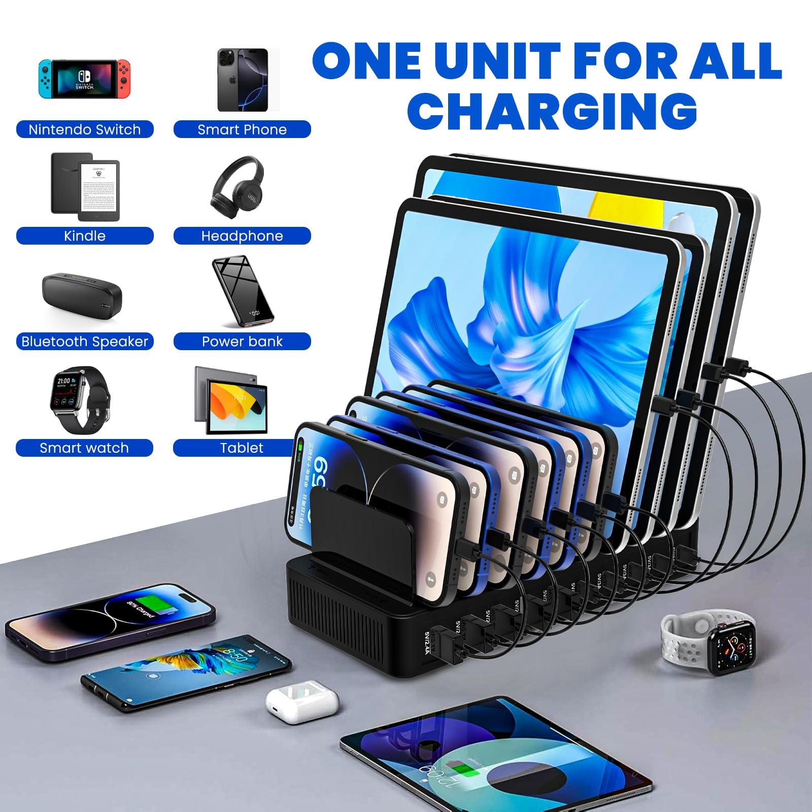 Charging Station for Multiple Devices, 100W 10 Ports Flat Plug Charging Dock with 10 Cables Smart IC Tech and Adjustable Dividers Type-C，Multi USB Charger for iPhone Galaxy iPad Tablet，Black