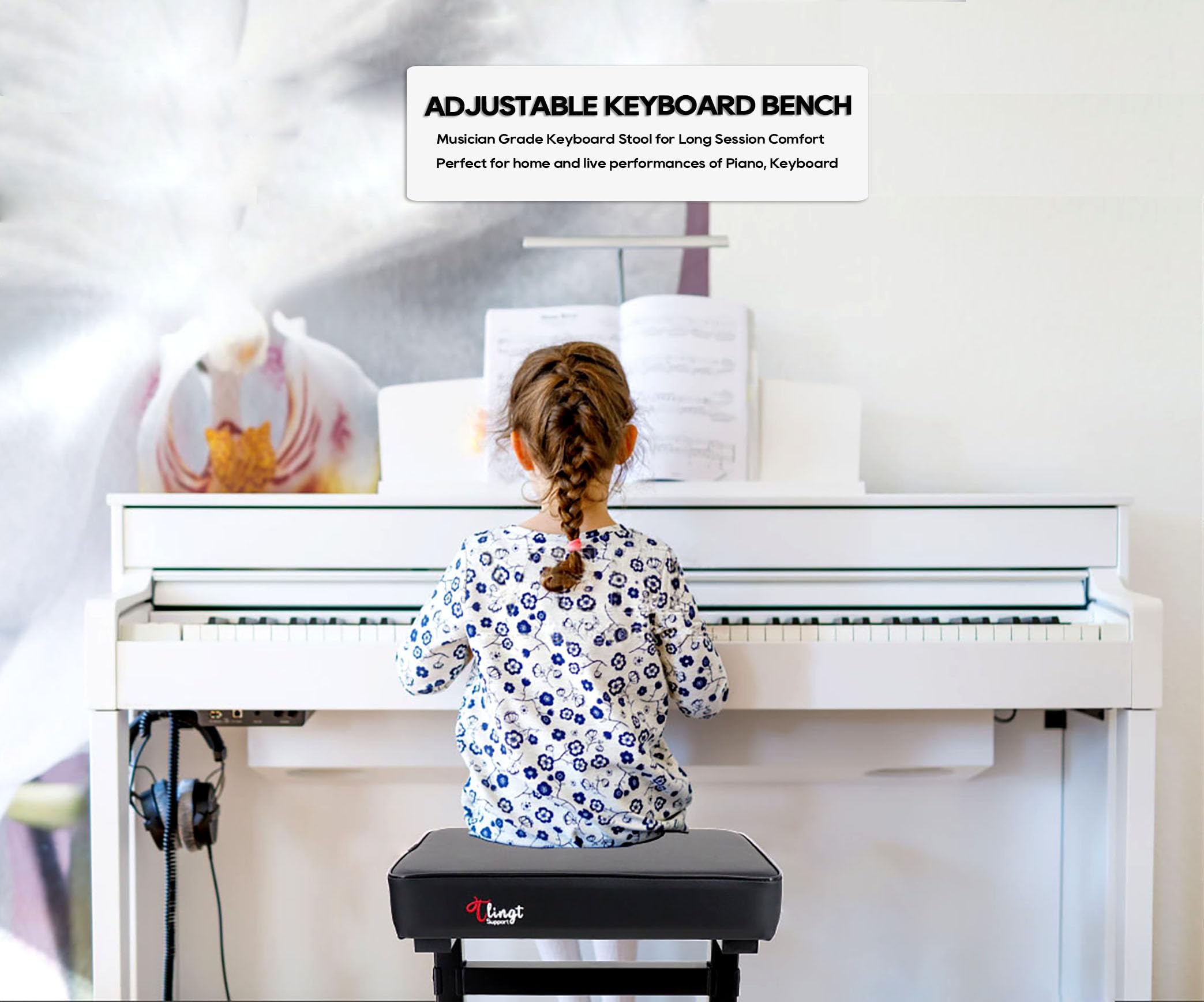 Sgabello per pianoforte e tastiera, con comoda seduta imbottita per un comfort di gioco duraturo/nero