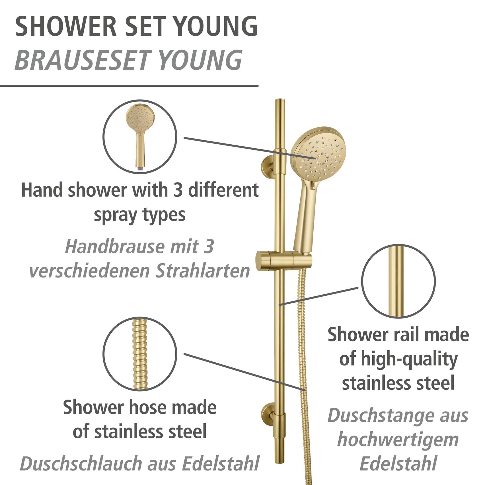 Wenko | Douche-stange inox Ø10 cm, 66 cm fixe et 150 cm flexibles, or mat