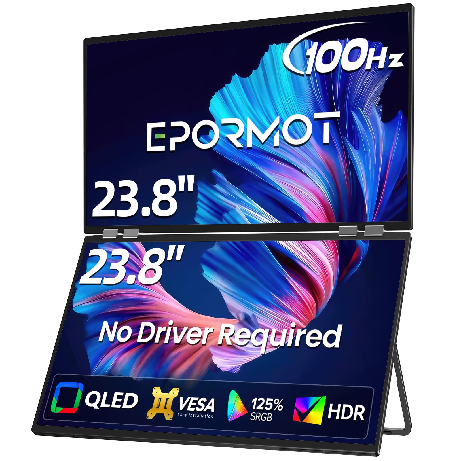 EPORMOT QLED Portable Dual Monitor 23.8" 100Hz FHD 1080P Stacked Monitor – 125% sRGB Dual Vertical Displays for Coding/Gaming/Trading, USB-C HDMI