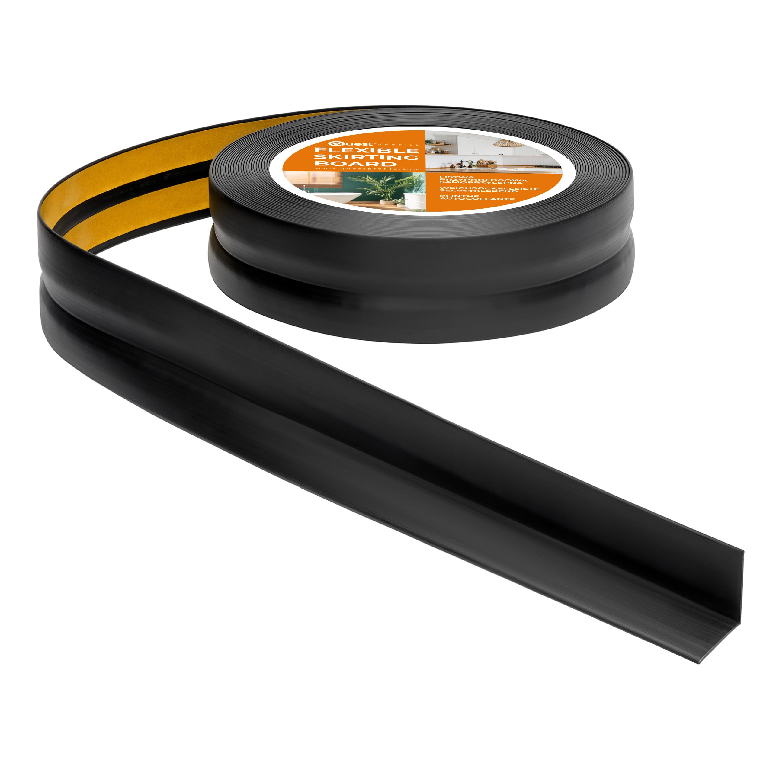 Quest Battiscopa Morbido Adesivo - 30 mm x 30 mm - Finitura Flessibile, Listello in PVC, Profilo Angolare per Cucina, Bagno, Parete, Pavimento - Decorativo, Resistente ai raggi UV (Nero, 20m)