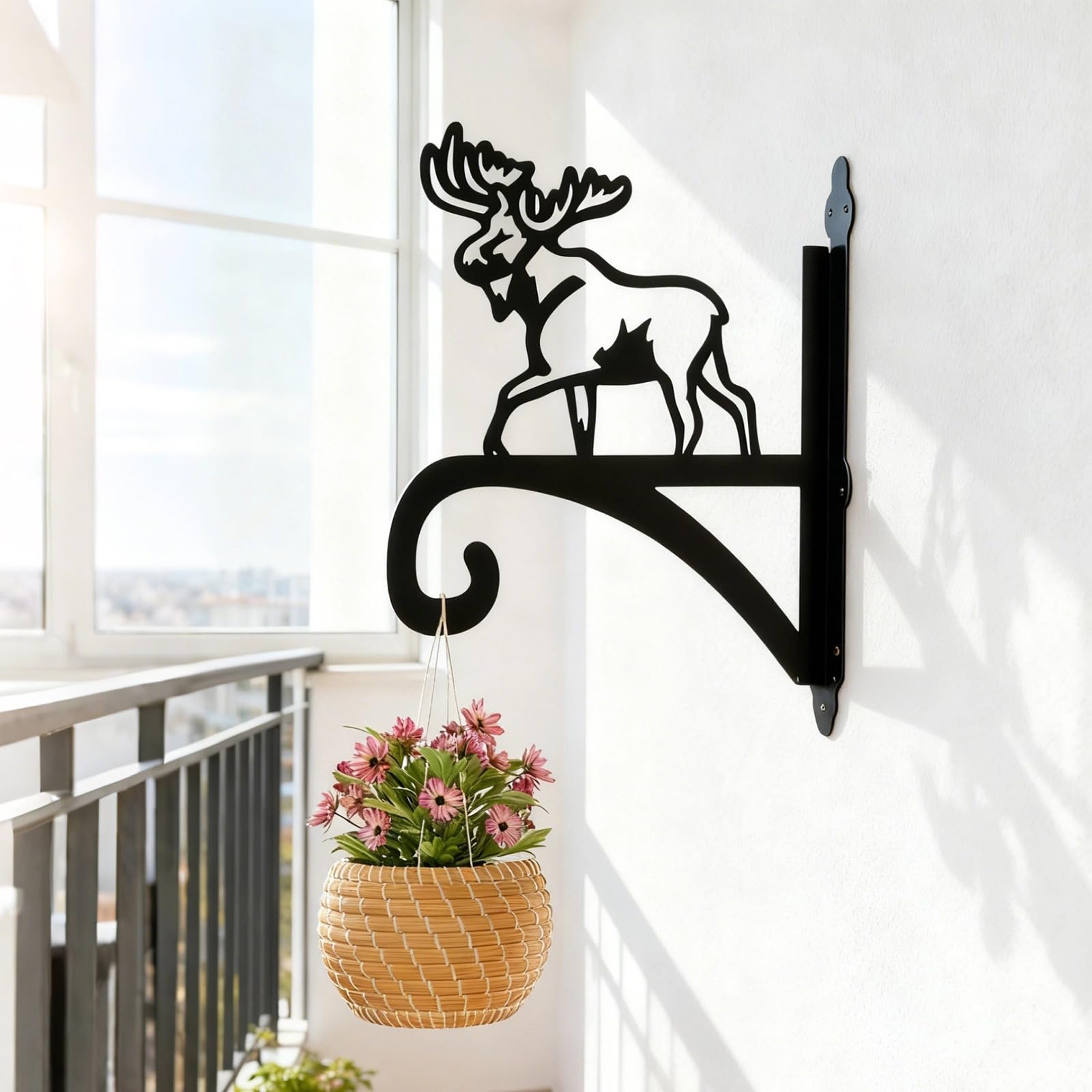 Pflanzenhaken zur Wandmontage, 12 x 15,7 Zoll, stabile Eisen-Hängehalterung für innen und außen mit Elch-Silhouette, dekorativer Wandhaken aus Eisen für Blumenampeln und Pflanzenkörbe