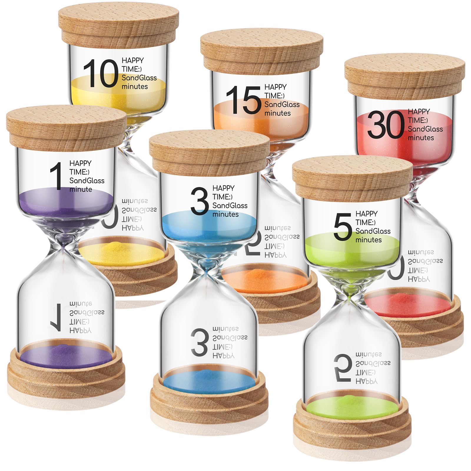 Kingdder Pack of 6 Wooden Sand Timer Set Operation Colorful Hourglass Timer Sandglass 1/3/5/10/15/30 Minutes Wood Sand Clock for Back to School