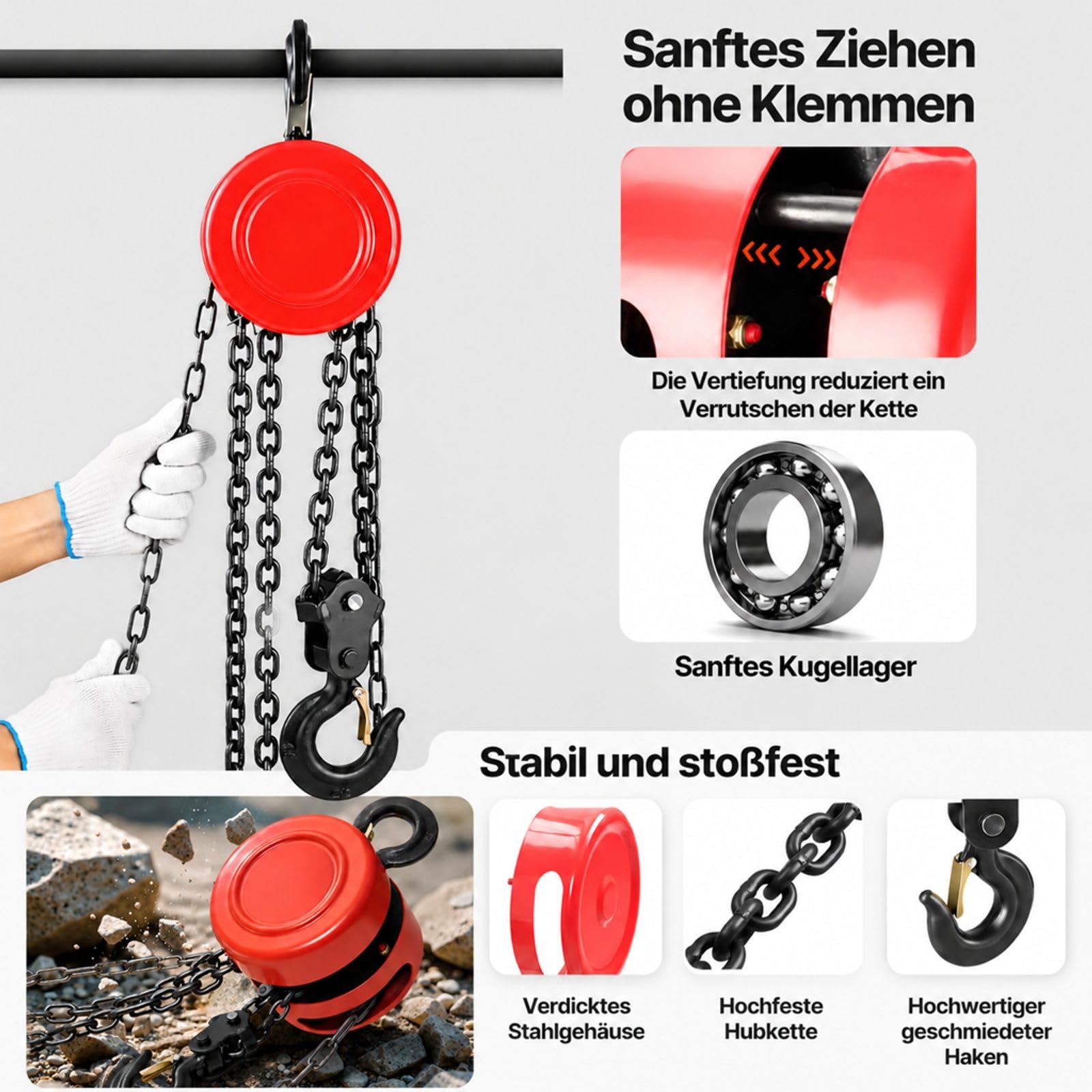Manueller Kettenzug in Rot mit Haken und Kette für Garage Lager Werkstatt und Automobilmaschinen