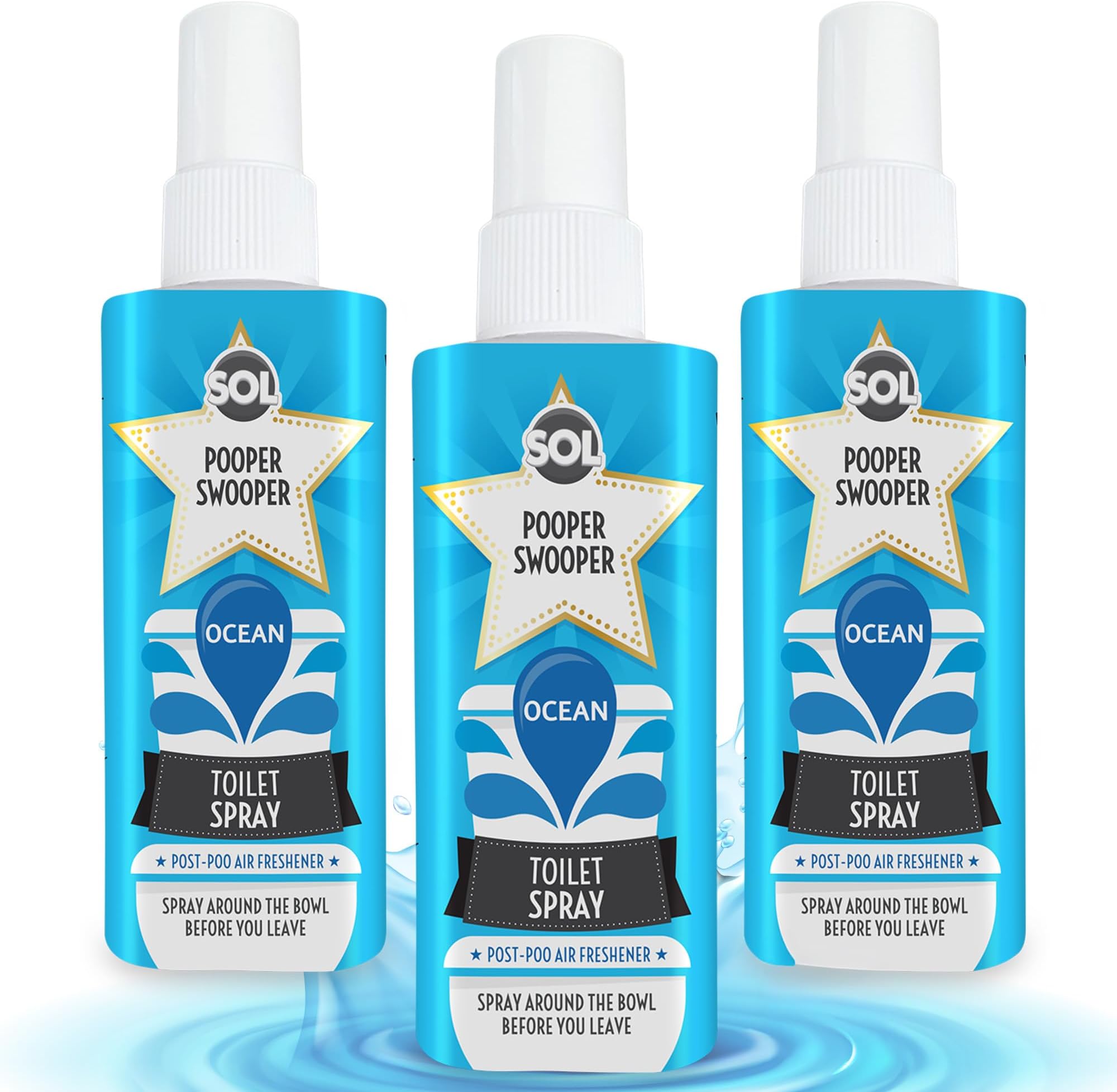 3pk x 60ml Pooper Swooper Toilet Spray Freshener Ocean Breeze Fragrance 1,000+ Sprays per Pack, Air Refresher for Public Bathrooms, Office, Home, Travel-Friendly Cleaning Solution for Poo Odours