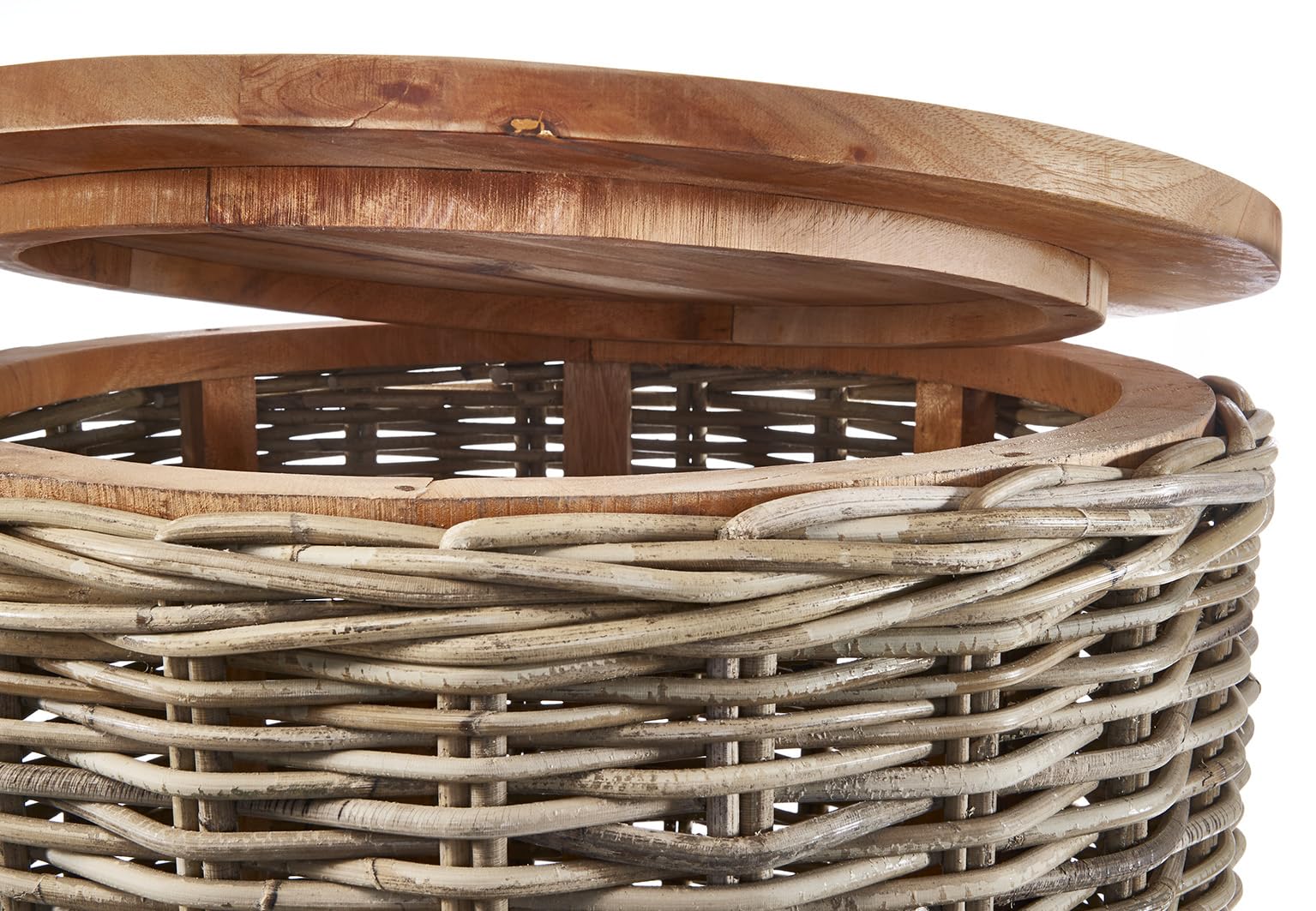 Kobolo Beistelltisch Marta runder Rattan Tisch mit Deckel aus 50 cm Grau
