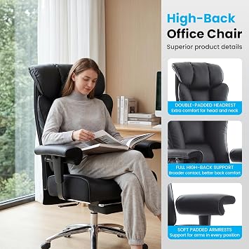 Efomao Desk Office Chair, Big and Tall Ergonomic Executive Chair with Footrest, High Back Reclining Computer Desk Chair, Thick Padded Wide Armrests 200KG Heavy Duty PU Leather Office Chair