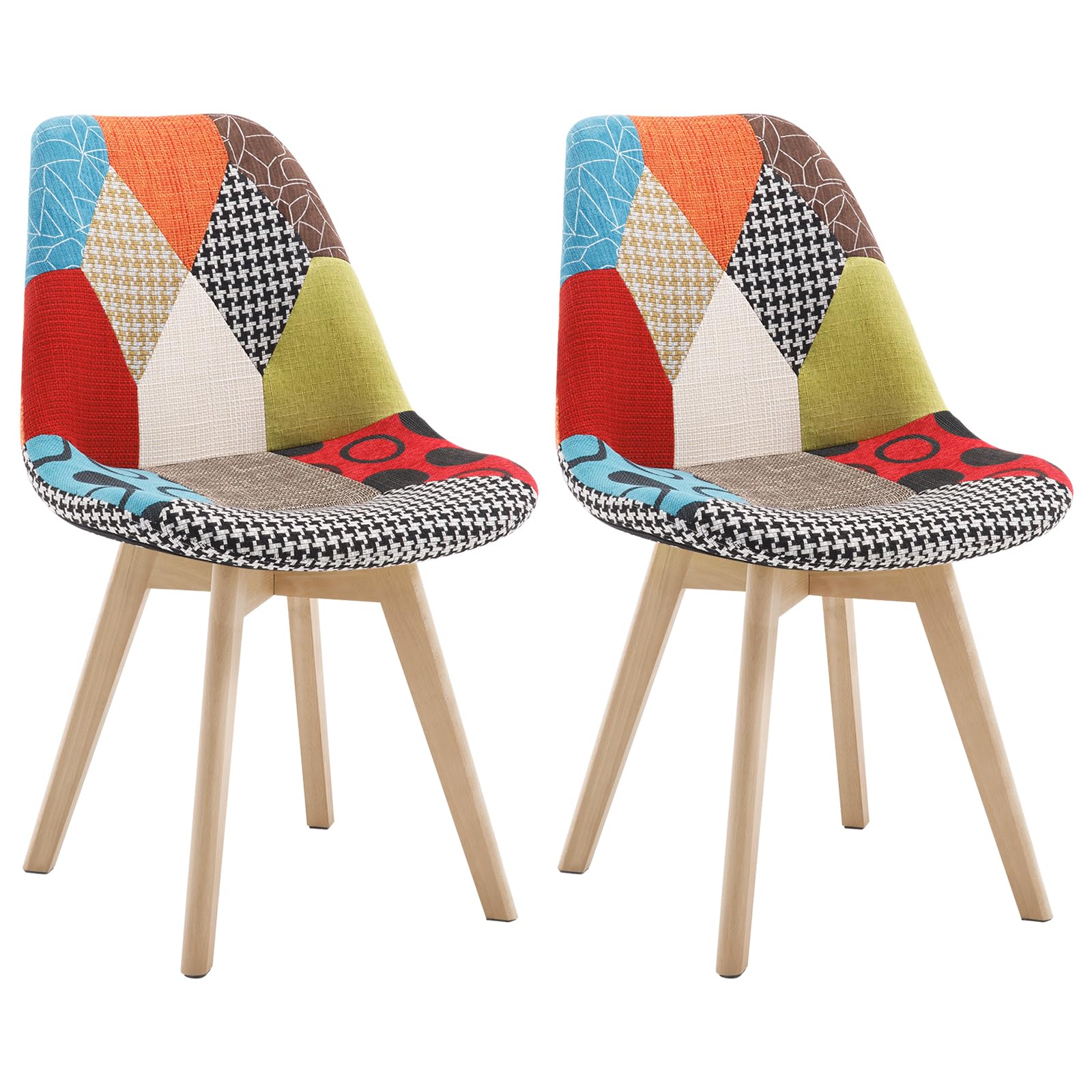 WOLTU Set di 2 sedie da pranzo Sedia da Scrivania con Schienale Rivestito in Tessuto di Lino Patchwork Gambe Legno Moderno