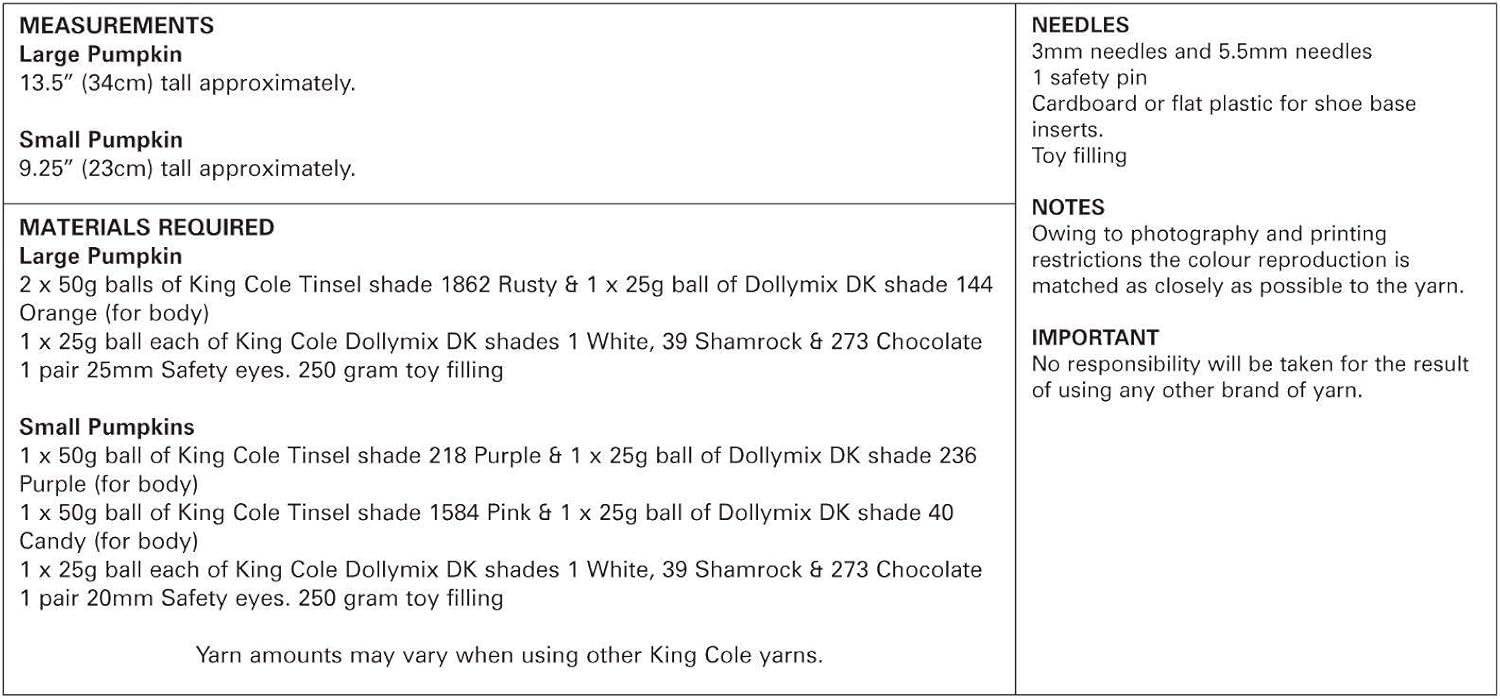 King Cole 9116 Knitting Pattern Halloween Pumpkins in Tinsel Chunky and Dollymix DK