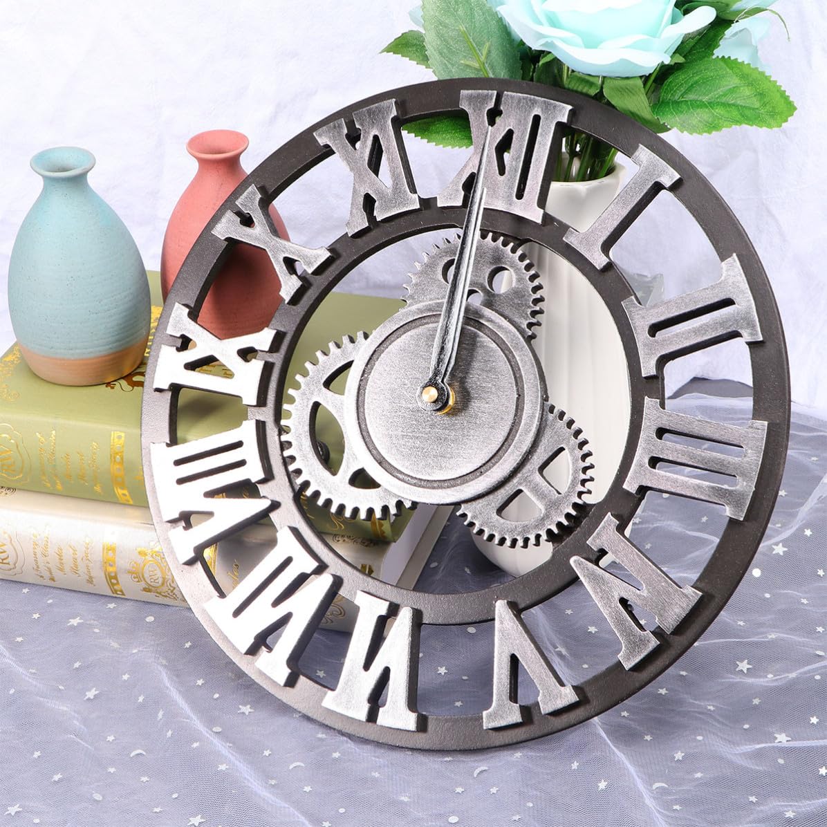 Orologio da Parete a Ingranaggi Stile Industriale Argento | Metallo e Legno, Installazione Semplice e Rimozione Rapida, per Camera da Letto o Idea Regalo