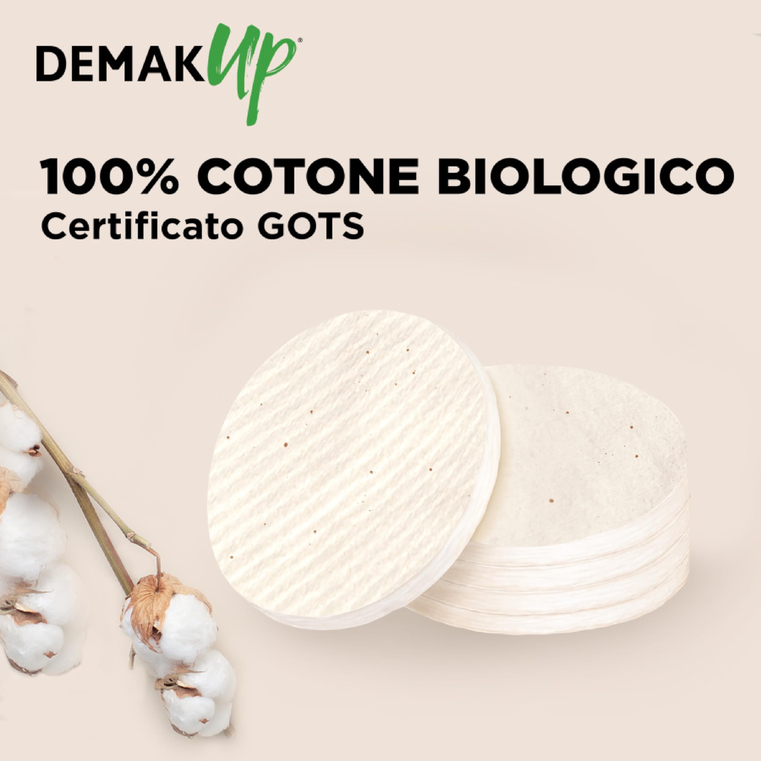 Demak'Up Cotton Bio dischetti struccanti, Confezione da 50 dischetti ovali, cotone non sbiancato