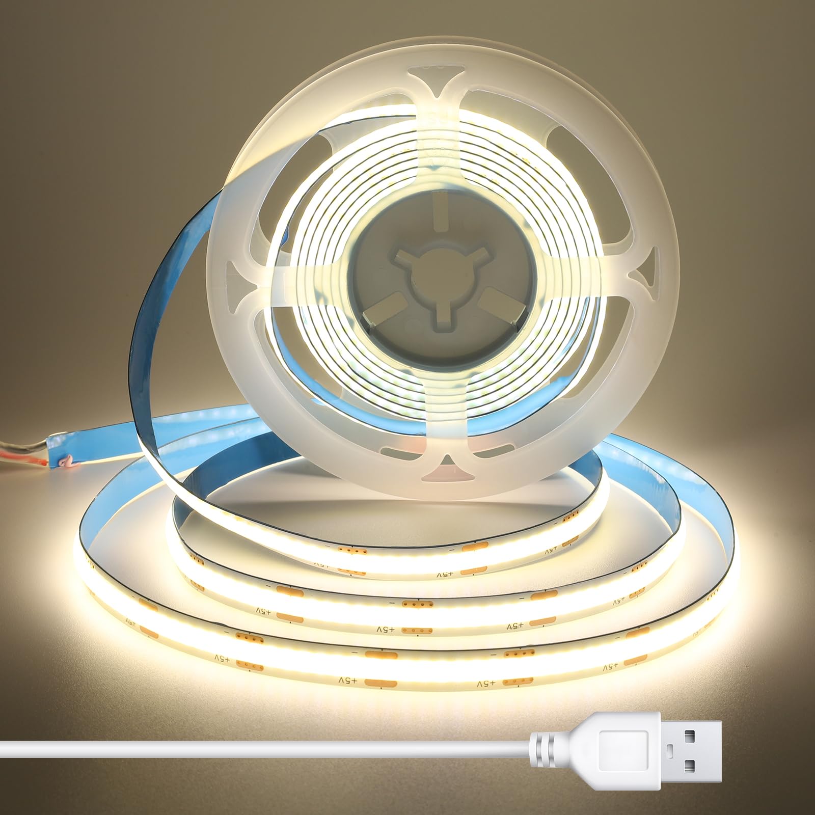 3m USB 5V COB LED Streifen, selbstklebend LED Strip mit 8mm Breite, CRI 92, Punktlos, Flexibel und Gleichmäßige LED Streifen für Küchenunterbau, Spiegel, Regale, 1.5m Kabel, Naturweiß, 4000K