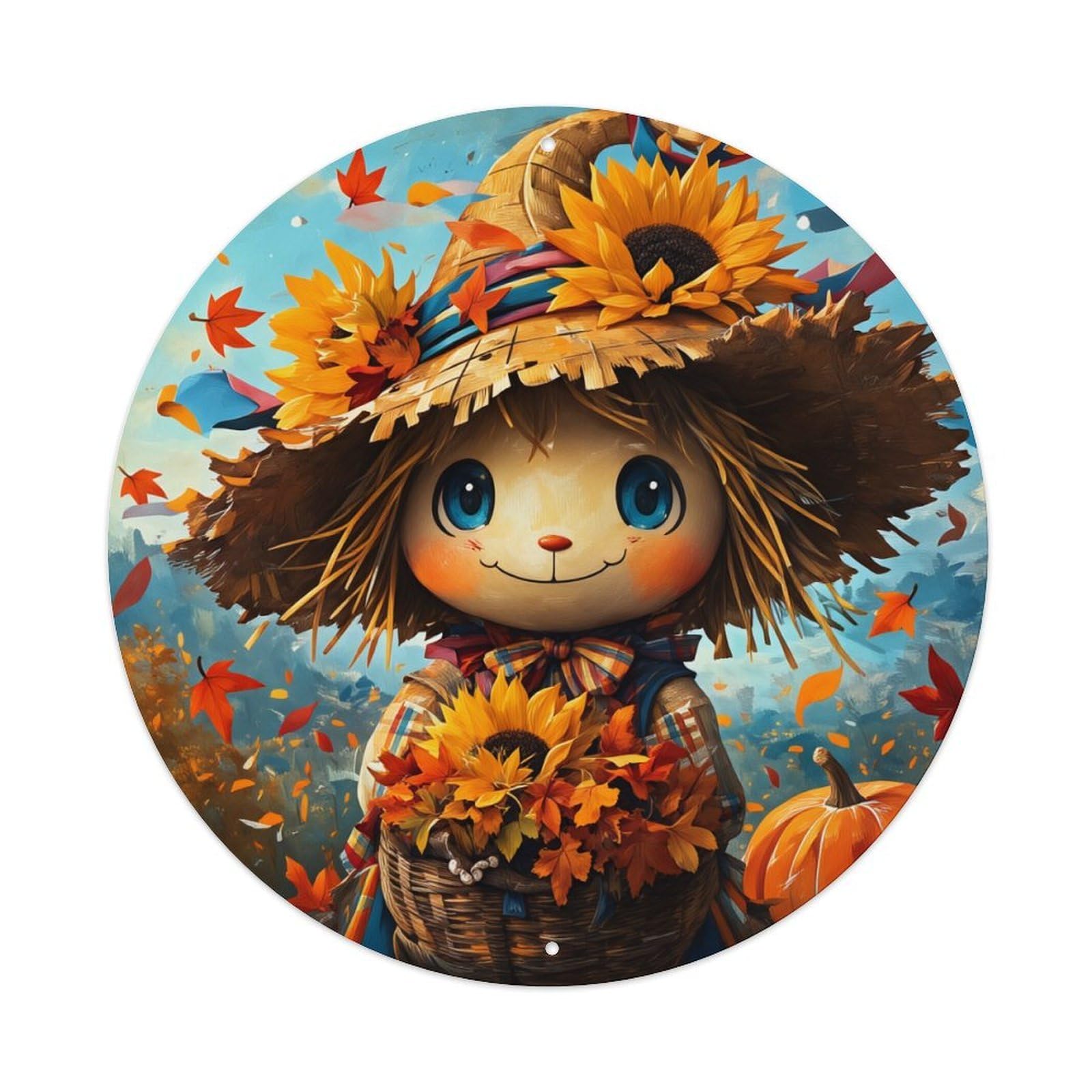 Autumn Harvest Scarecrow Sunflower Pumpkin Round Tin Sign Vintage Metal Poster, Home Bar Garage Man Cave Cafe Indoor & Outdoor Wall Decoration 8x8Inches