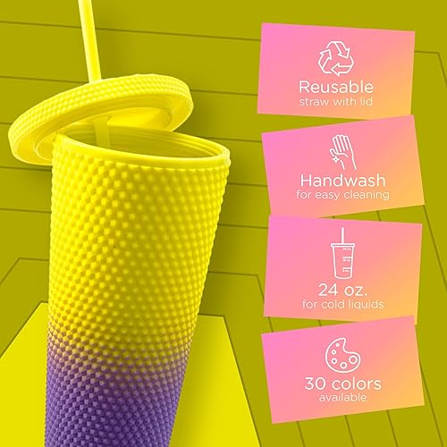 Miniatura 6 de WEST & FIFTH Vaso de 24 onzas con tapa y pajilla, reutilizable, con textura, sin BPA, con tachuelas mate (turquesa y coral)