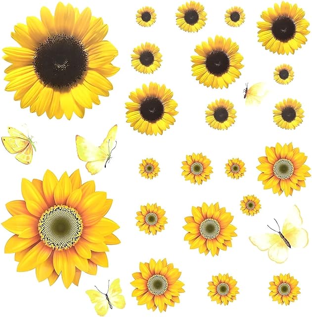 27 PCS Sunflower Wall Stickers, Removable Sunflower Wall Sticker and Butterfly Stickers for Windows Waterproof Removable Decor Stickers DIY for Kids Girls Living Room Bedrooms