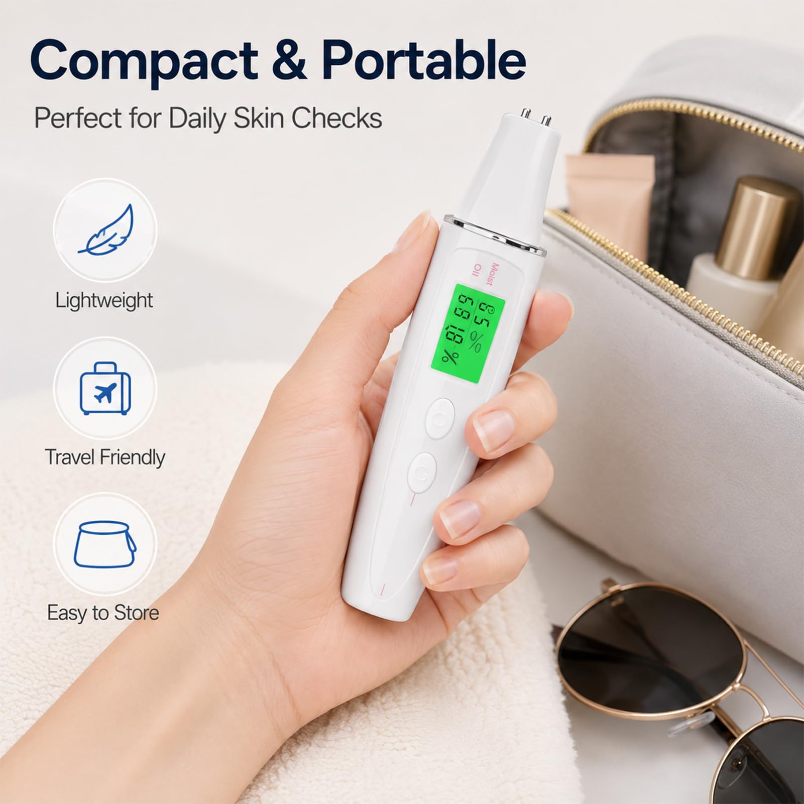Tester per la pelle del viso Display intelligente Cura della pelle Corneometro digitale portatile con penna rilevatore di pelle per salone di bellezza domestico Bianco (Blanc)