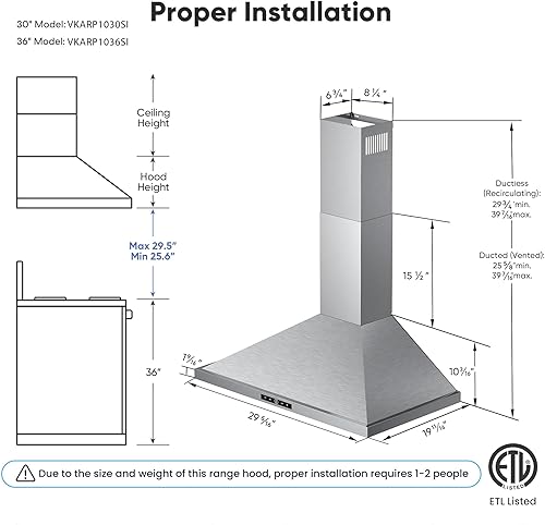 Miniatura 7 de Campana extractora de montaje en pared de 30 pulgadas, 580 CFM, campana de ventilación de cocina de acero inoxidable con conductoconvertible, con