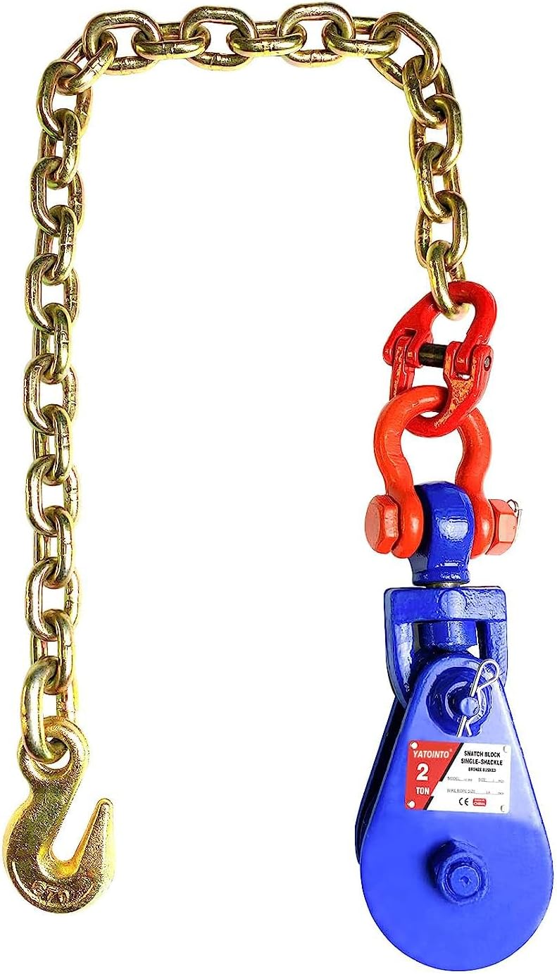 2T Snatch Block with Chain, 3'' Single Sheave Snatch Block with Swivel Shackle, G80 Chain Snatch Pulley for Rollback Wrecker Car Hauler Winch (3’’ 2 Ton Sheave)