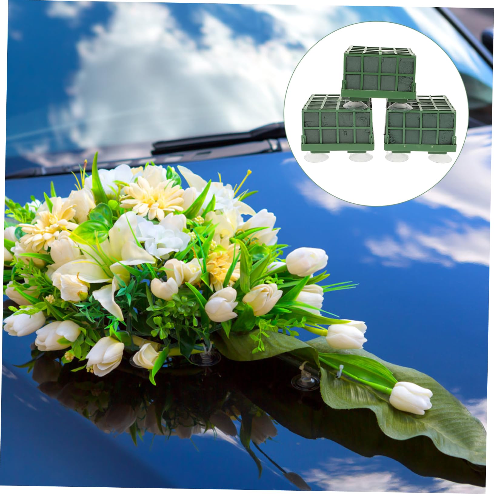 SEWACC Décoration de Voiture de Mariage Base à Fleurs en Plastique Vert Ventouse Voiture Mariage Lot de 3 Pièces, 4 Ventouses pour Fête | 4 Ventouses au Fond, Usage Mariage et Art Floral, Fournitures de Fête pour Voiture