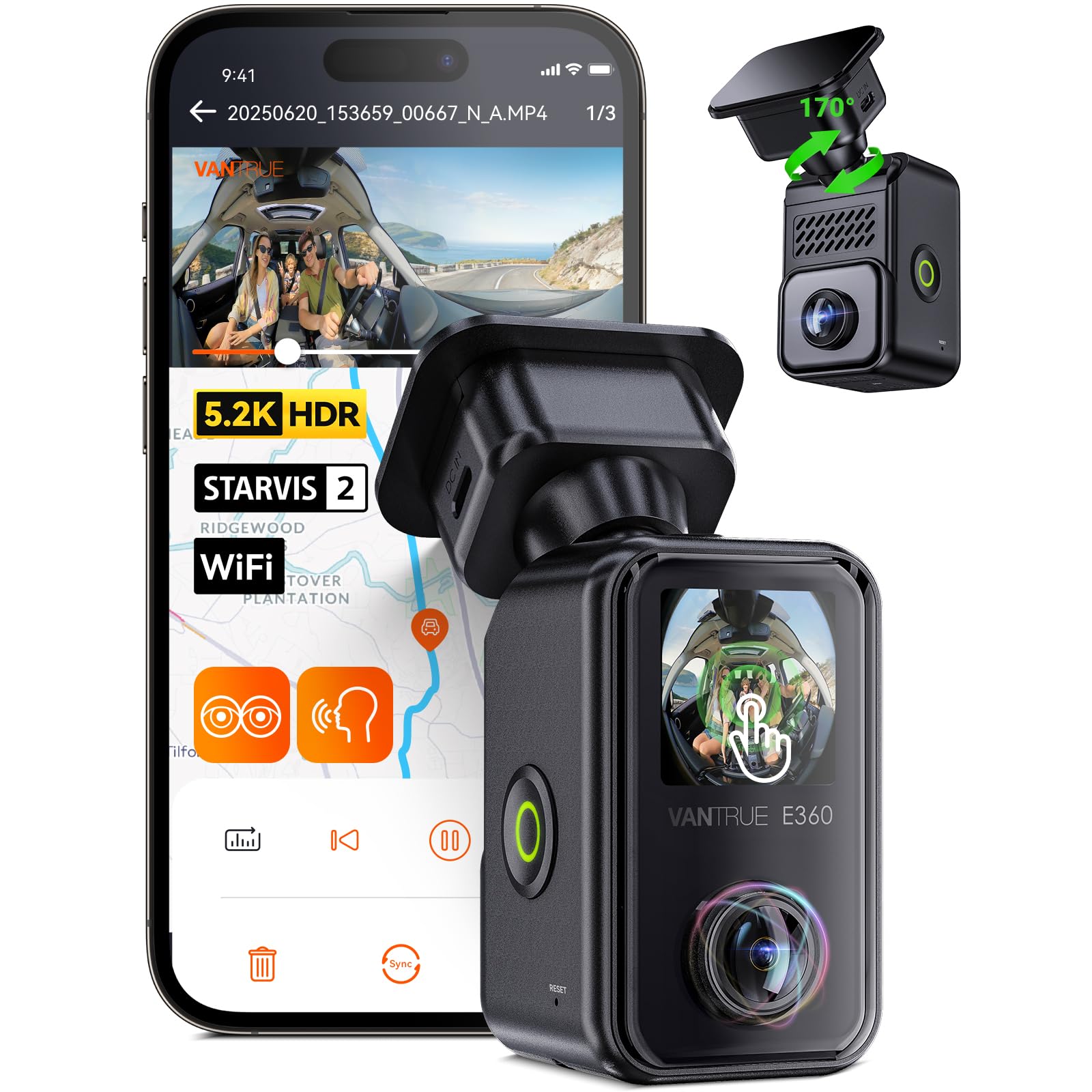 Vantrue E360 5.2K 360° Panoramic Dash Cam, 5GHz WiFi&GPS, Dual STARVIS 2, HDR,8 IR Night Vision, Front and Inside Dash Camera, Voice Control, Touchscreen, 24/7 Buffered Parking Mode, Support 512GB Max
