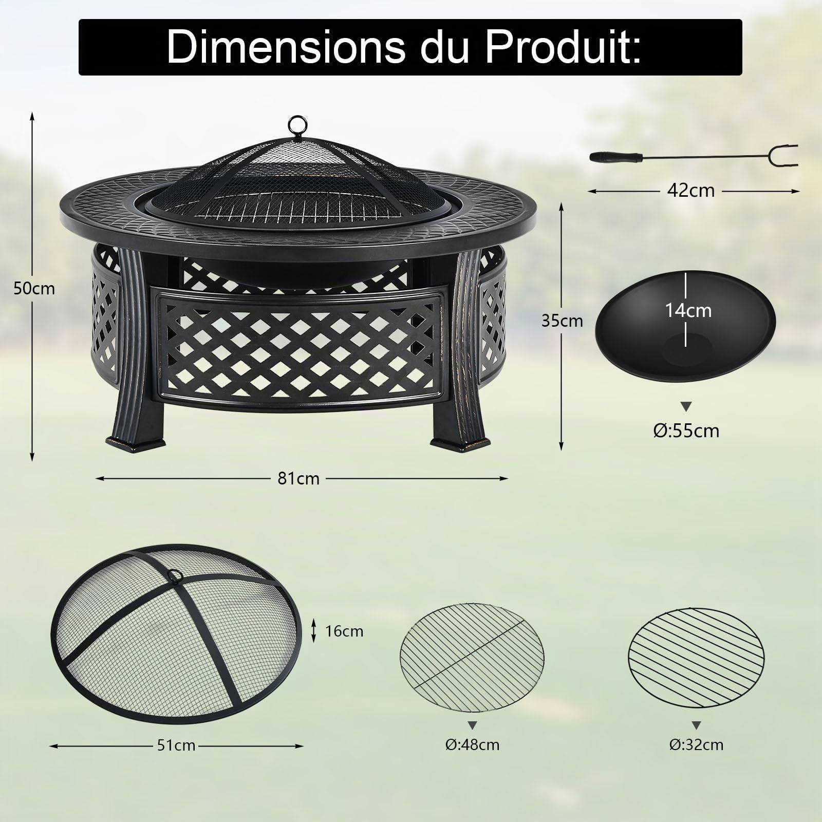 GOPLUS 3-en-1 Braséro Extérieur Jardin Rond, Foyer avec Grille de Barbecue, Pare-étincelles, Grille à Bûches, Poker, Housse Anti-Pluie, pour Extérieur Jardin, Patio, Camping, Pique-Nique,81 x 50 cm
