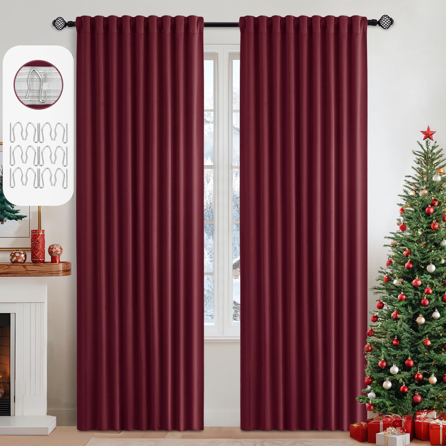 MIULEE Christmas Wine Red Back Tab Blackout Curtains 84 Inch Length 2 Panels Set for Living Room Bedroom Privacy, Rod Pocket/Pinch Pleat Thermal