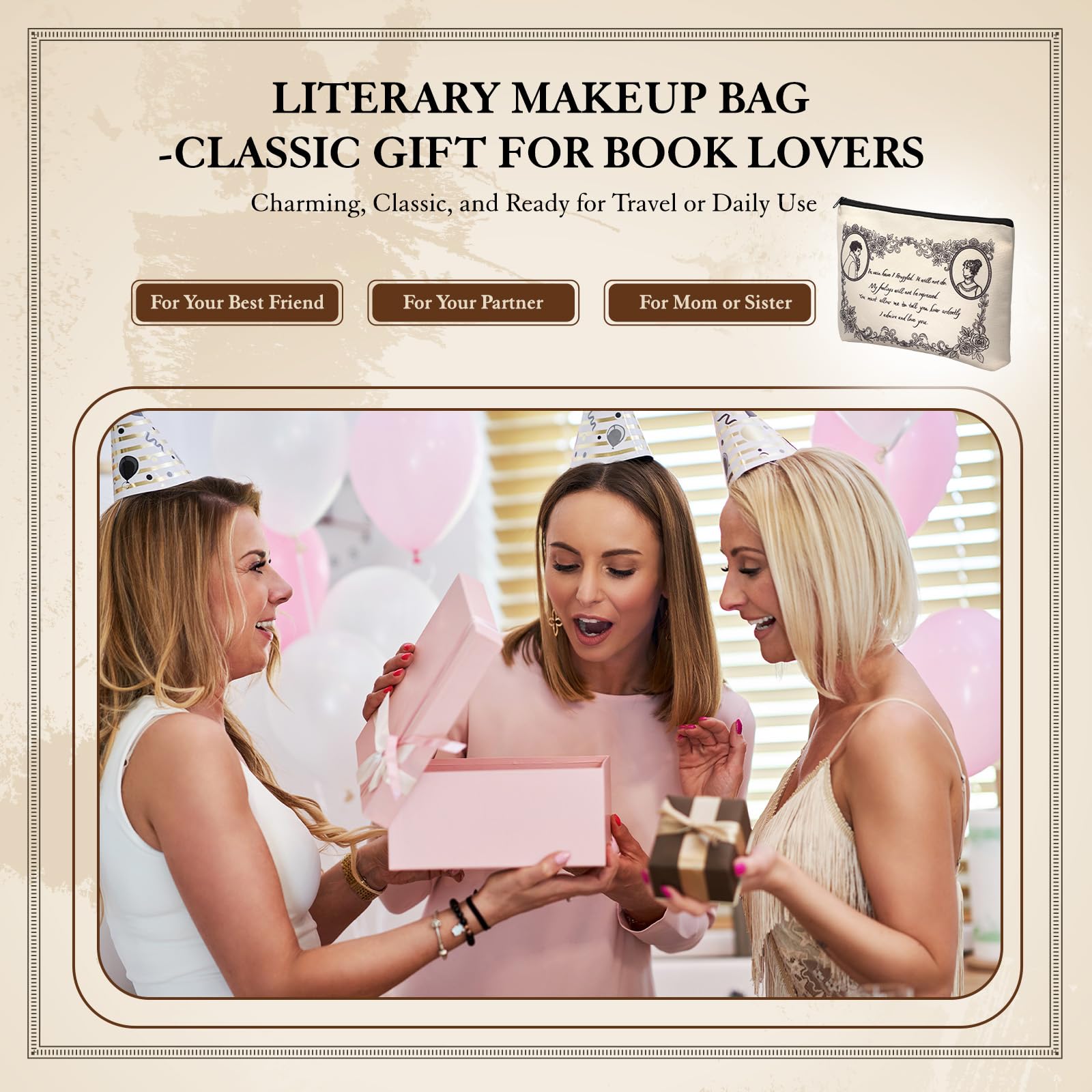 S&ZG Literary Classic Novel Makeup Bag, Jane Austen Gifts, Cute Merch Travel Small Makeup Bag for Purse, Book Lover Gifts for Women
