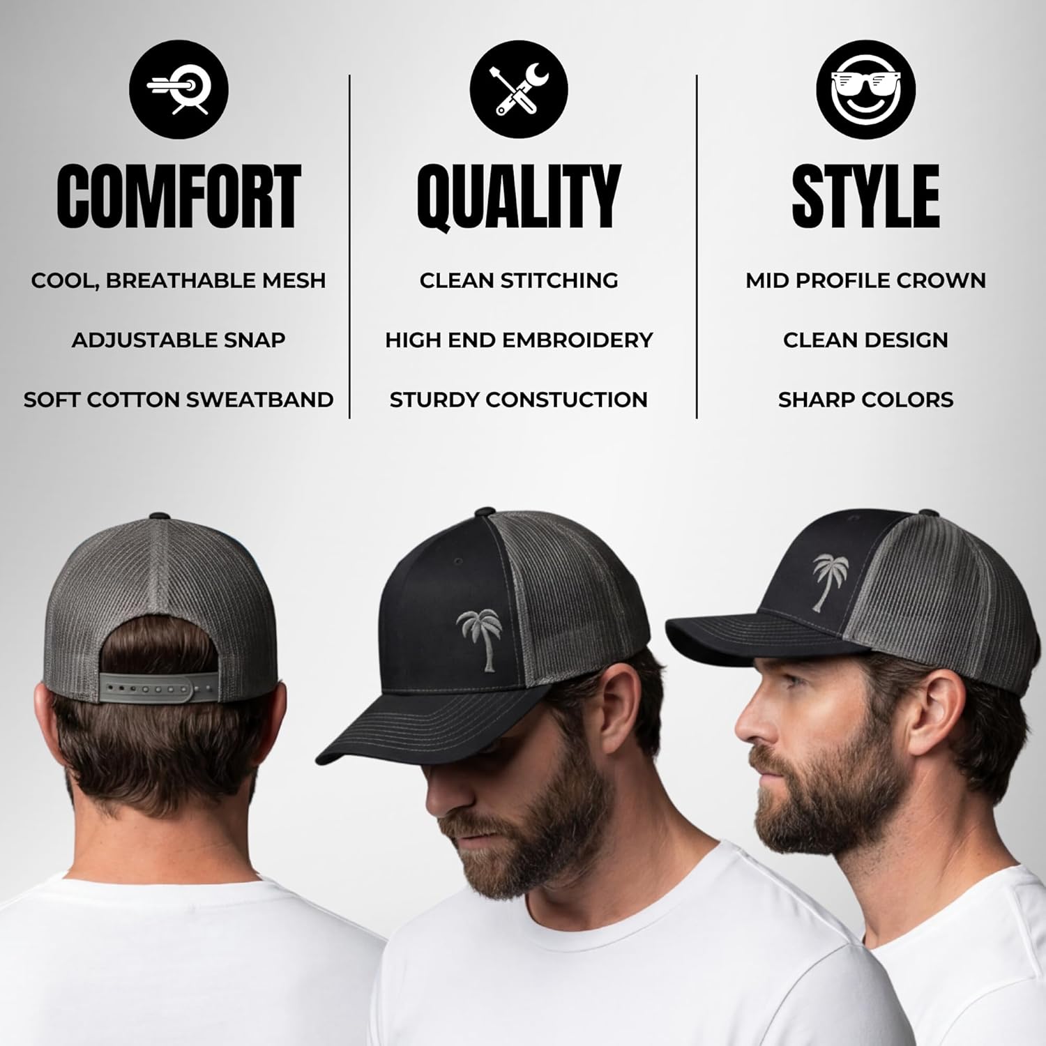 LINDO Trucker Hat [ Palm Tree Design ] for Men and Women: Mid Profile Cap with Breathable Mesh Back and Adjustable Snap - Image 2