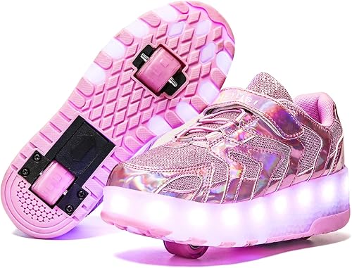 Nsasy - Tenis con ruedas para niños que se convierten en tenis deportivos, con led para, Navidad, cumpleaños, espectáculo, regalo B202-rosa-doble