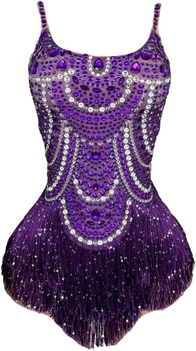 Women Sparkly Rhinestones Tassel Bodysuit Summer Sleeveless Fancy Outfit for Singer Dancer Stage Performance
