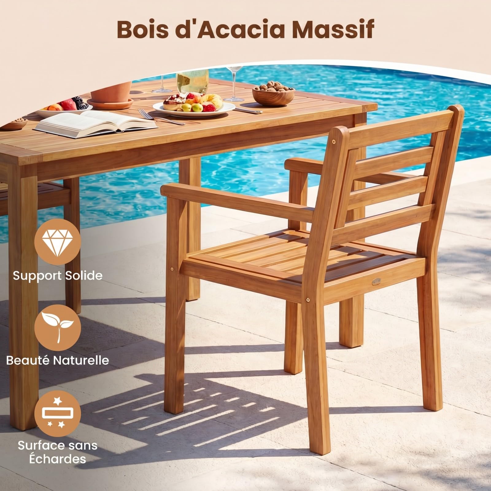 COSTWAY Lot de 2 Chaises de Jardin en Bois Acacia, Capacité 180 kg, Chaises Salle a Manger avec Accoudoirs, Dossier Incliné et Lattes, Fauteuil Exterieur pour Terrasse Patio Balcon, 56 x 56 x 80 cm
