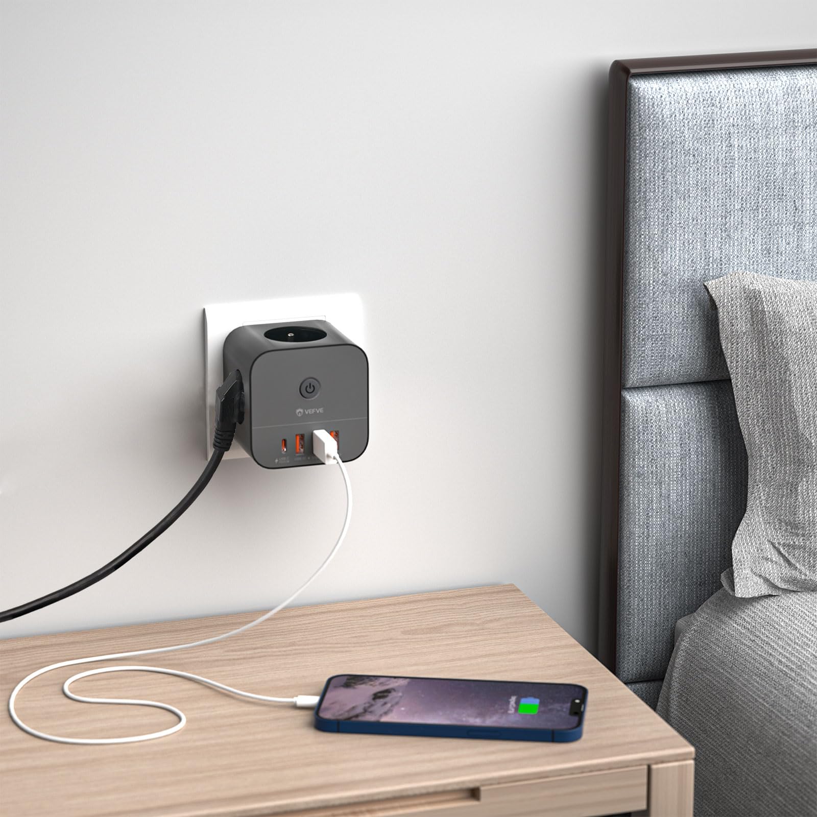 VEFVE Ciabatta elettrica cubo 7 in 1 (tipo E, standard belga/francese), 20 W USB-C Caricatore rapido con interruttore, spina di derivazione senza cavo (3 prese 3680 W, 4 USB) - Nero