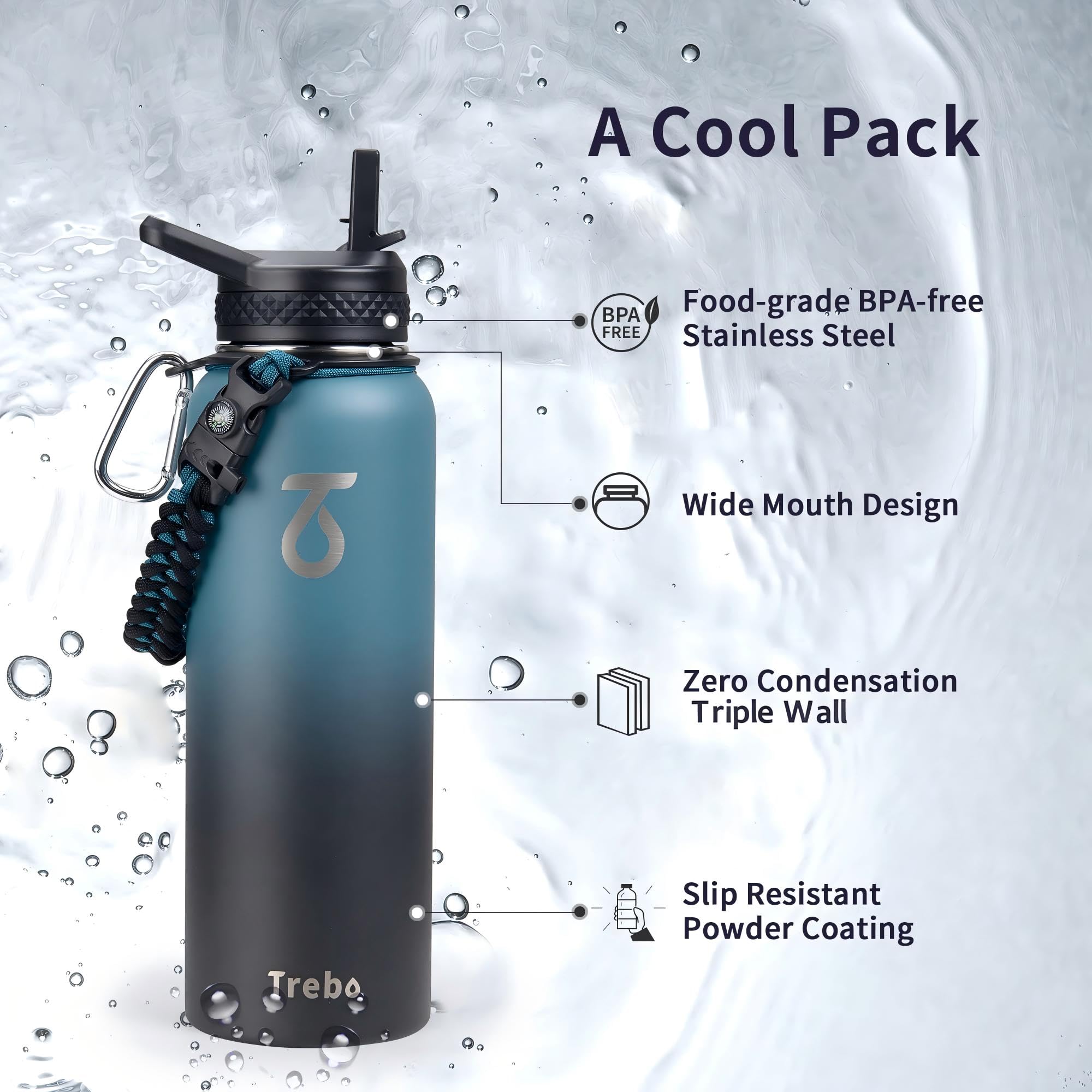 Trebo 1.2 L Edelstahl Trinkflasche Isoliert mit Paracord-Griff & 3 Deckeln | Große Metall Wasserflasche mit Strohhalm, Drei-Wand-Vakuum Isolierflasche, 48 Stunden kalt 24 Stunden heiß, Spülmaschinenfest