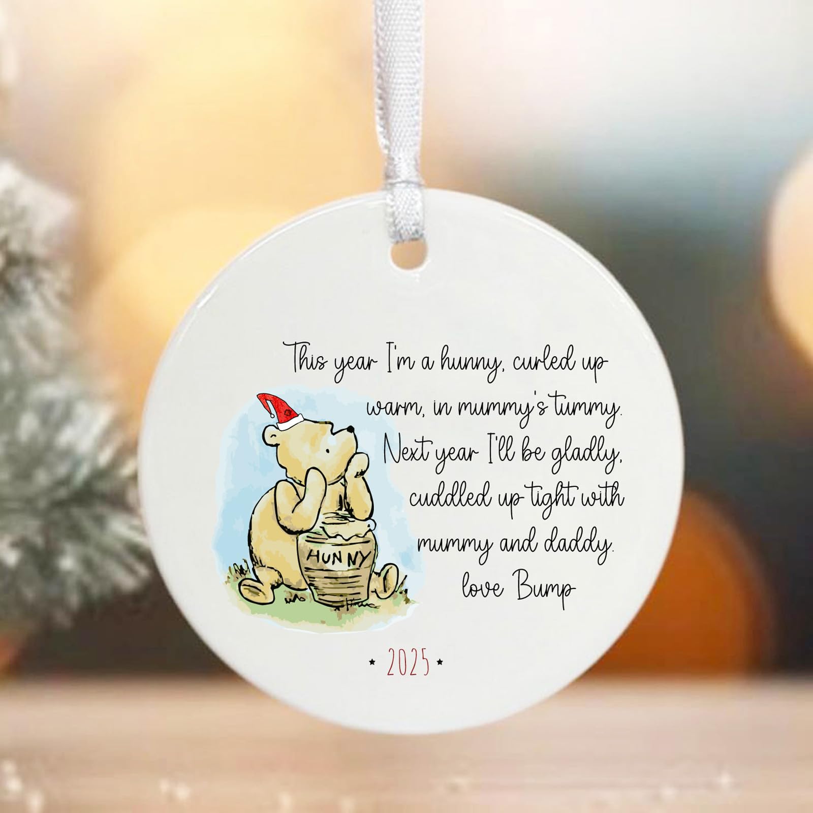 Winnie The Pooh Christmas Pregnancy Bump Bauble, Hanging Keepsake Ornament for Mum-To-Be, Baby Shower