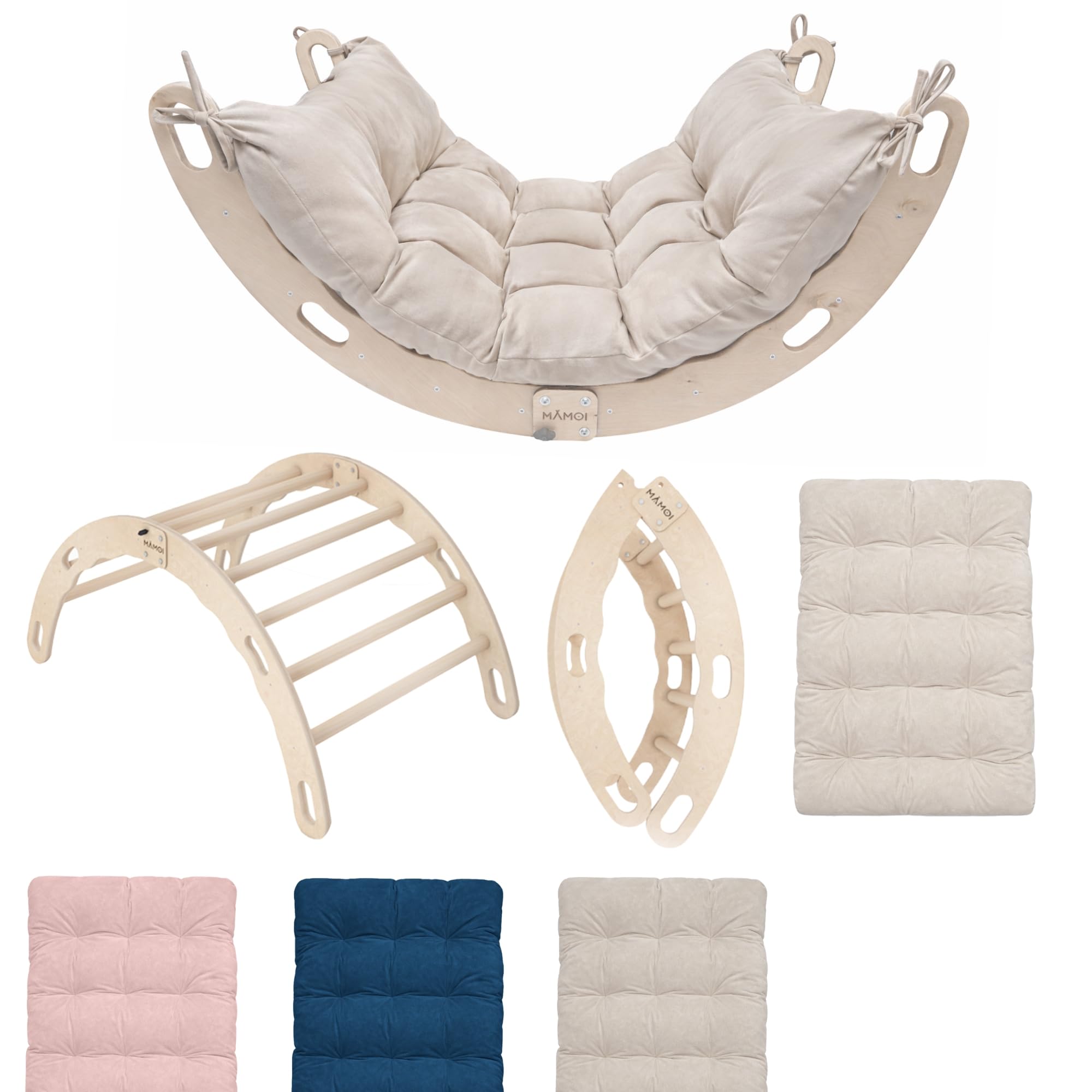 MAMOI® Kletterbogen mit Kissen | Kissen aus Baumwolle | Klettergerüst aus Holz | Kletterdreieck | Holz-Bogen | Indoor Spielgerät