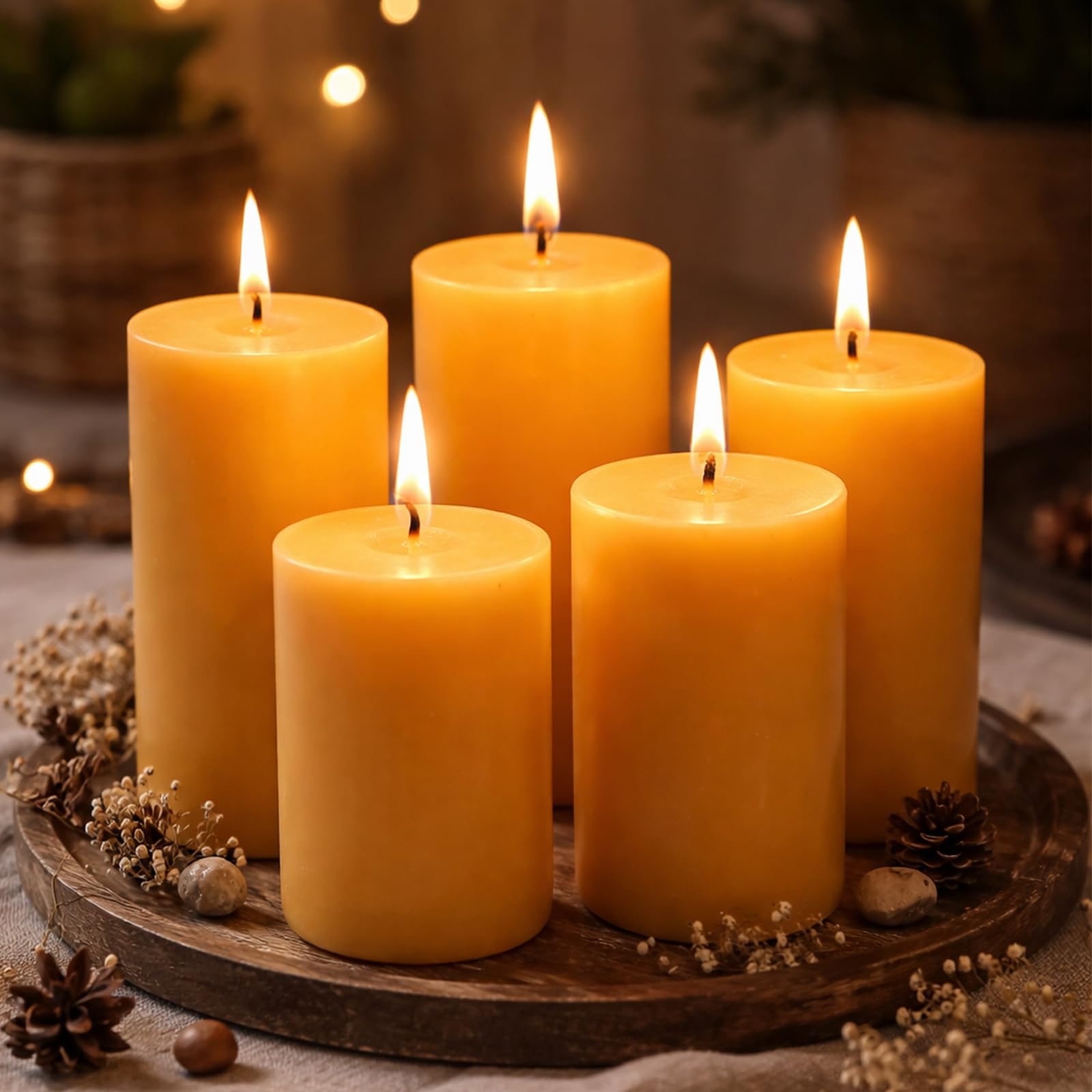 Confezione da 5 candele a colonna in cera d'api naturale, 100% pura cera d'api, 210 ore di combustione, candele in cera d'api biologica per casa, feste, senza goccia, senza fumo, candele in cera d'api