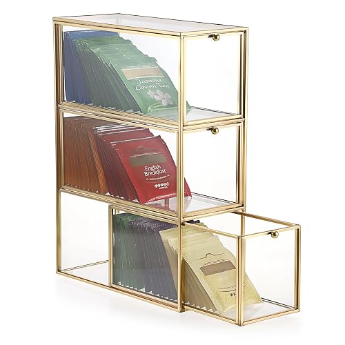 Tea Bag Organizer with 3 Drawers, Gold Glass Tea Bag Storage Holder