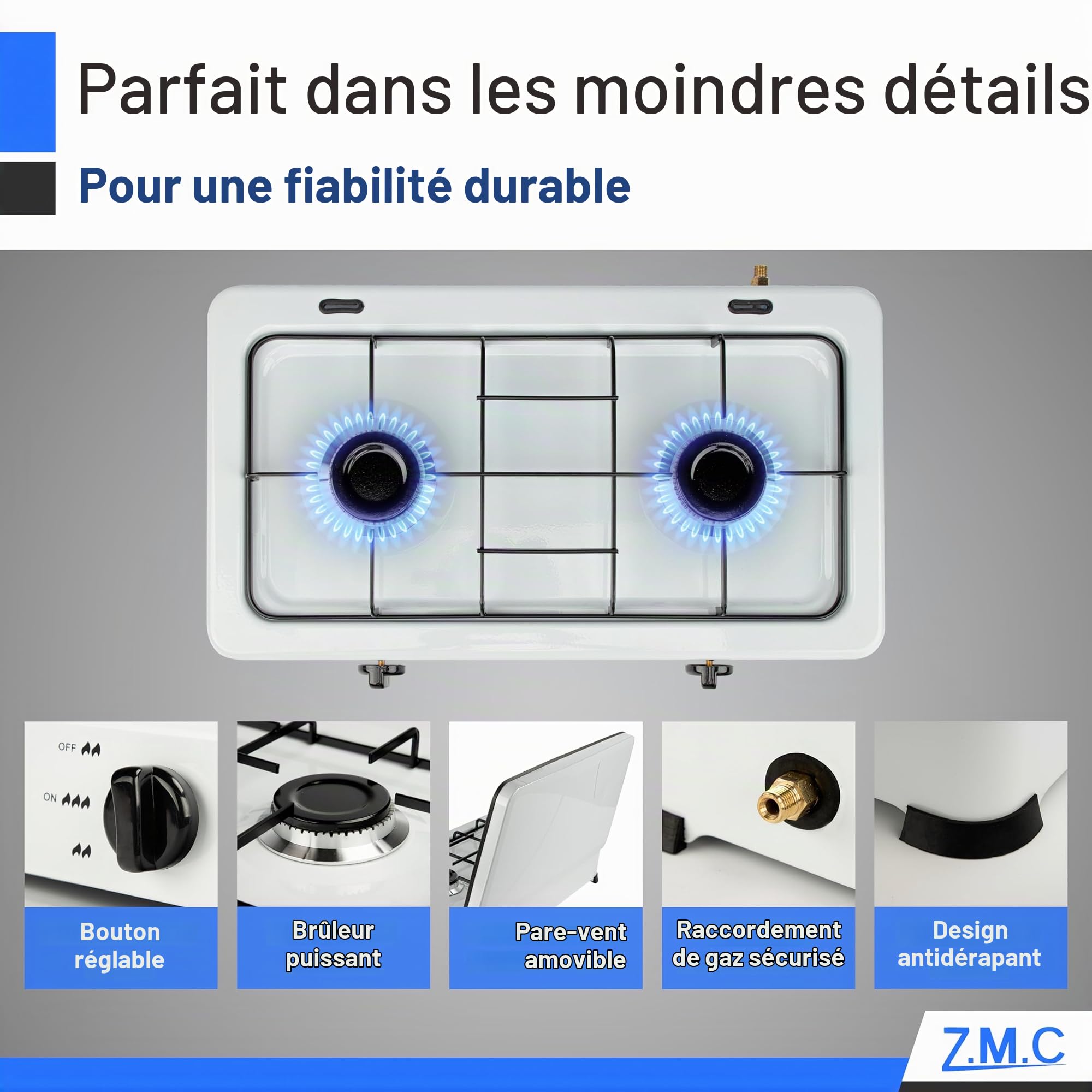 Z.M.C cuisinière à gaz double flamme, cuisine de camping, plaque de cuisson à gaz avec tuyau + régulateur, propane gaz liquéfié (GPL) optimisé, 2,2 kW par brûleur pour cuire deux plats en même temps,