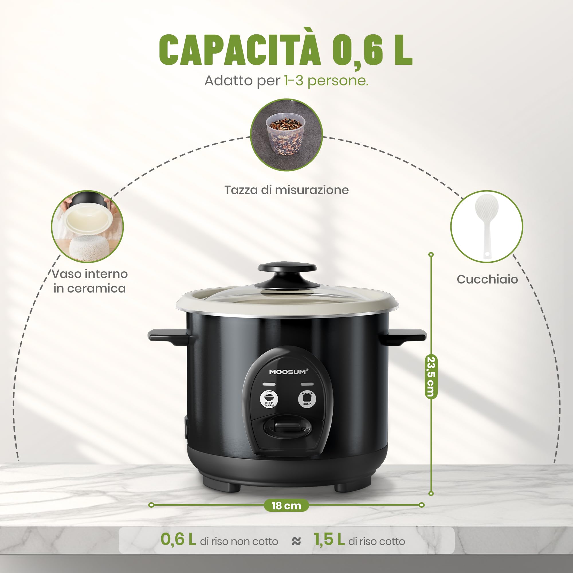 Cuociriso & Comando a un Pulsante, 0,6L per 1-3 Persone, Preparazione Veloce Senza Bruciature - con Funzione di Mantenimento in Caldo, Ferrosoc