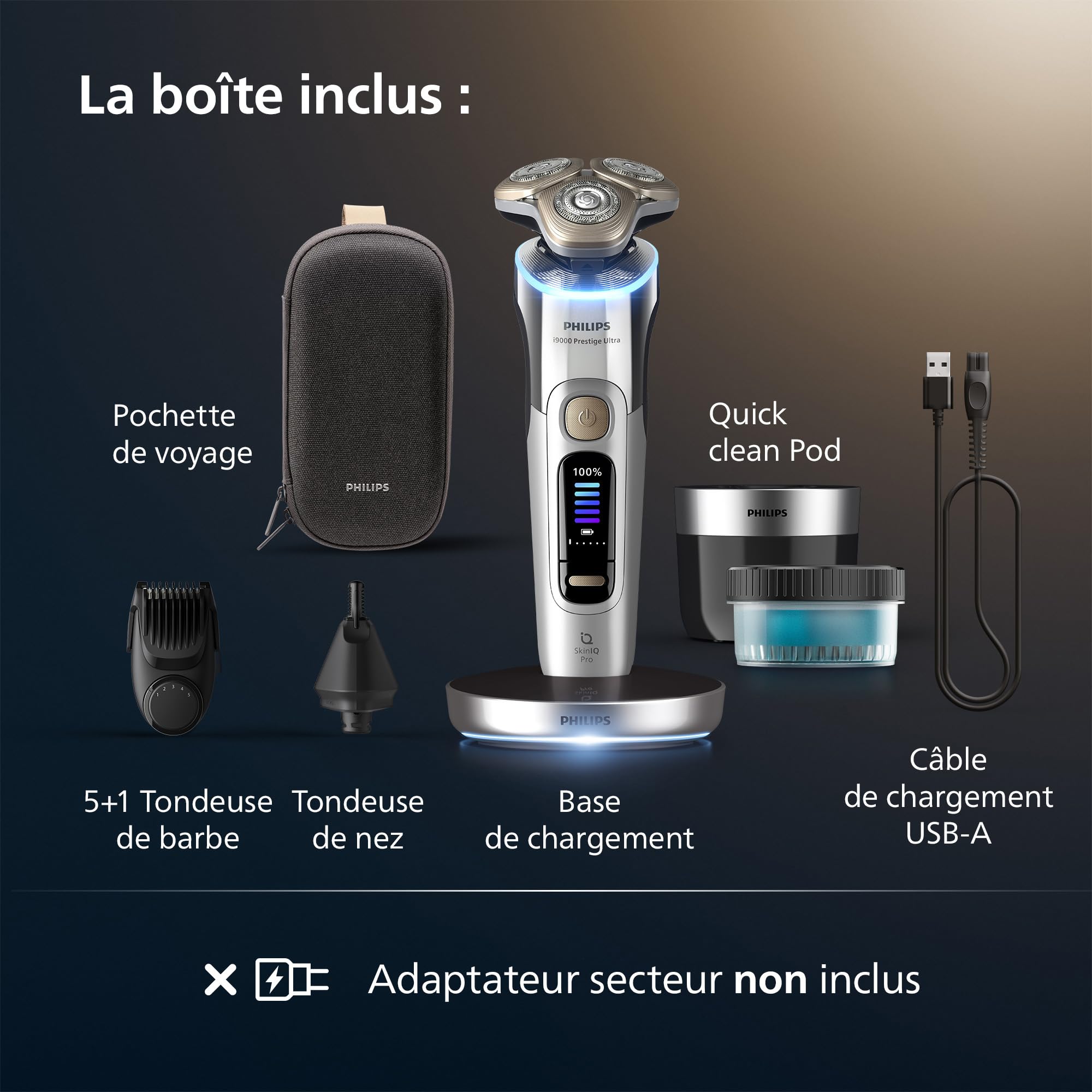 Philips Rasoir i9000 Prestige Ultra, rasoir électrique 100% étanche, technologie Skin IQ Pro, système Triple Lift & Cut, lames de précision NanoTech rotatives 360, 5 modes de rasage, XP9404/38
