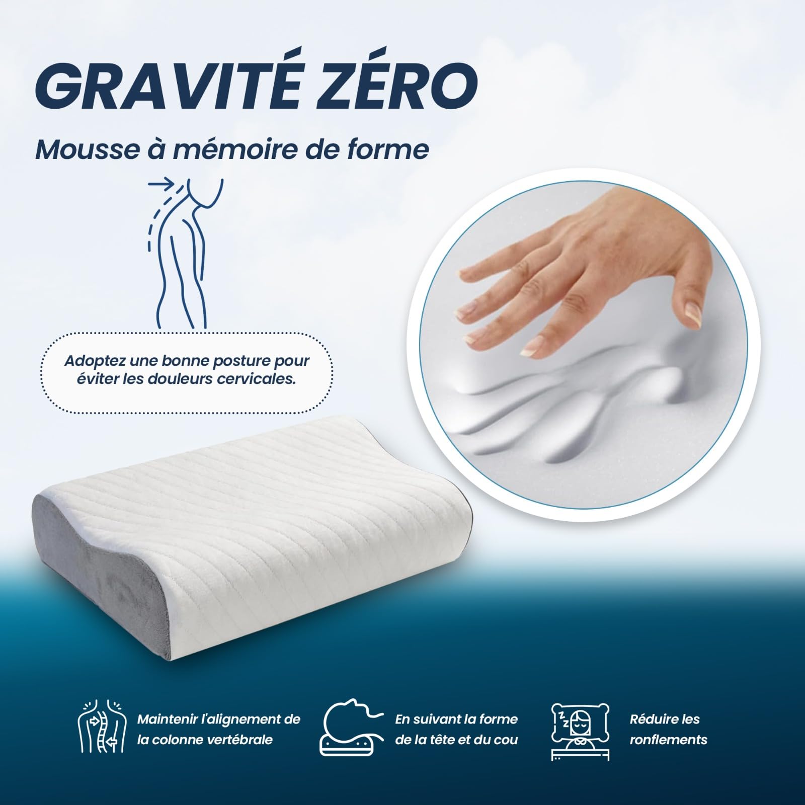 Oreiller Ergonomique Cervical à Mémoire de Forme, Coussin Orthopédique pour Nuque 60x35cm, Oreiller Anti Ronflement pour Dormeurs Dos Côté Ventre, Housse Amovible Lavable en Machine à 40°C